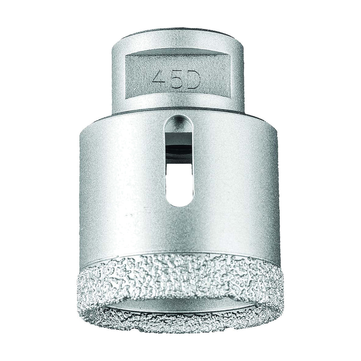 Pferd DCD dry diamond core drill bit for tiles, 45D size marked on the body, wider silver bit with slotted body and diamond rim