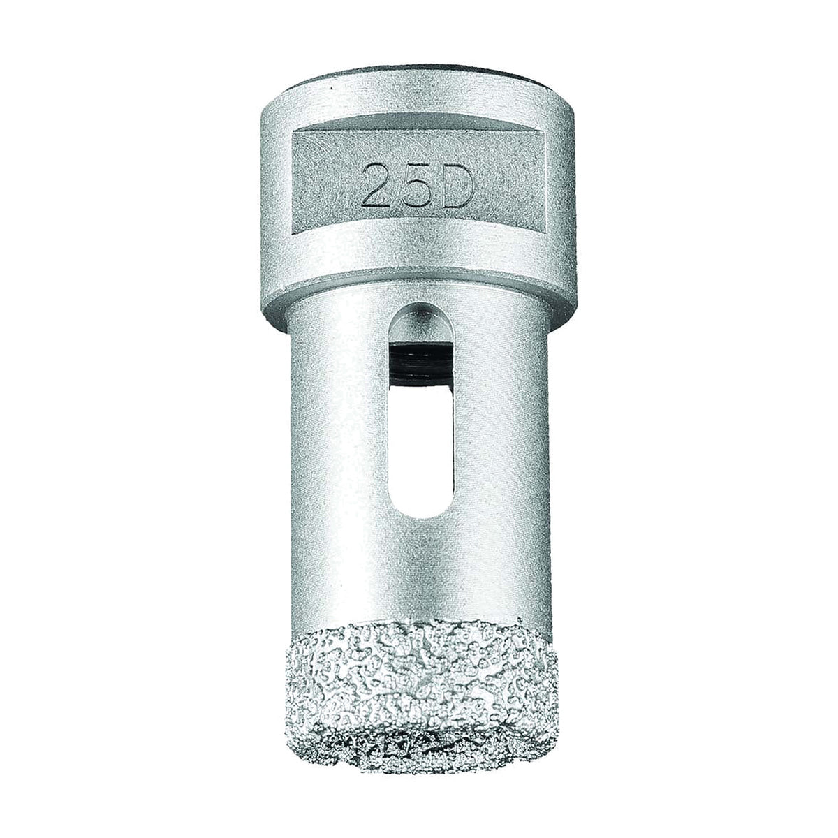 Pferd DCD dry diamond core drill bit for tiles, 25D size marked on the body, silver bit with slotted shank and diamond rim, side view