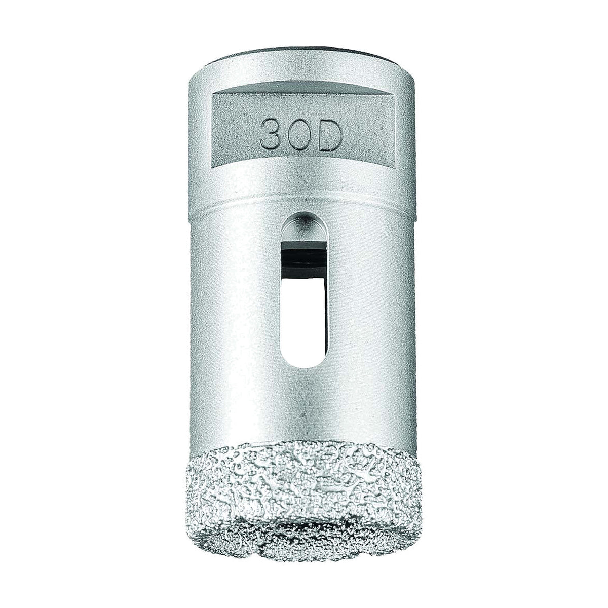 Pferd DCD dry diamond core drill bit for tiles, 30D size marked on the body, silver bit with slotted body and diamond rim, side view