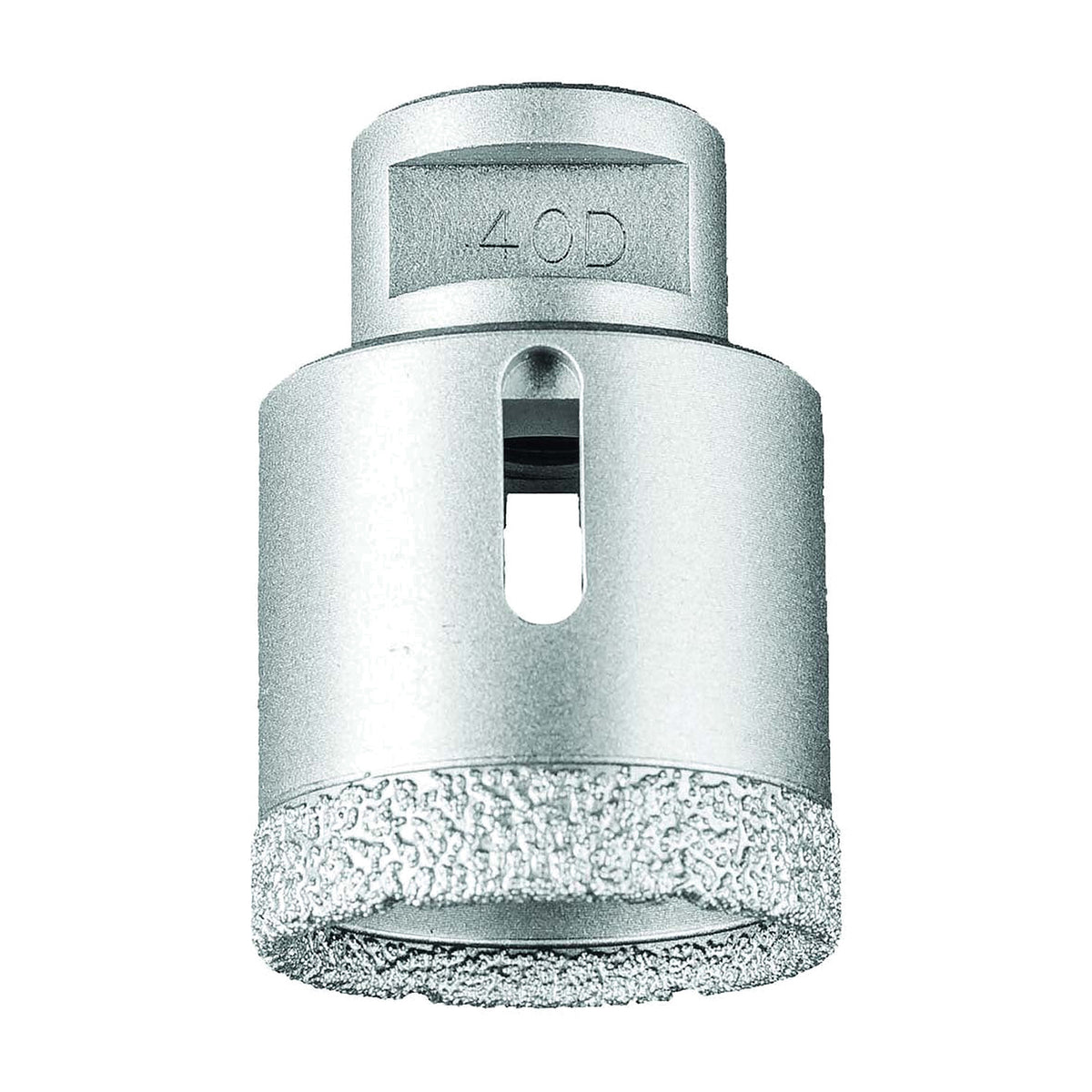 Pferd DCD dry diamond core drill bit for tiles, 40D size marked on the body, wider silver bit with slotted body and diamond rim