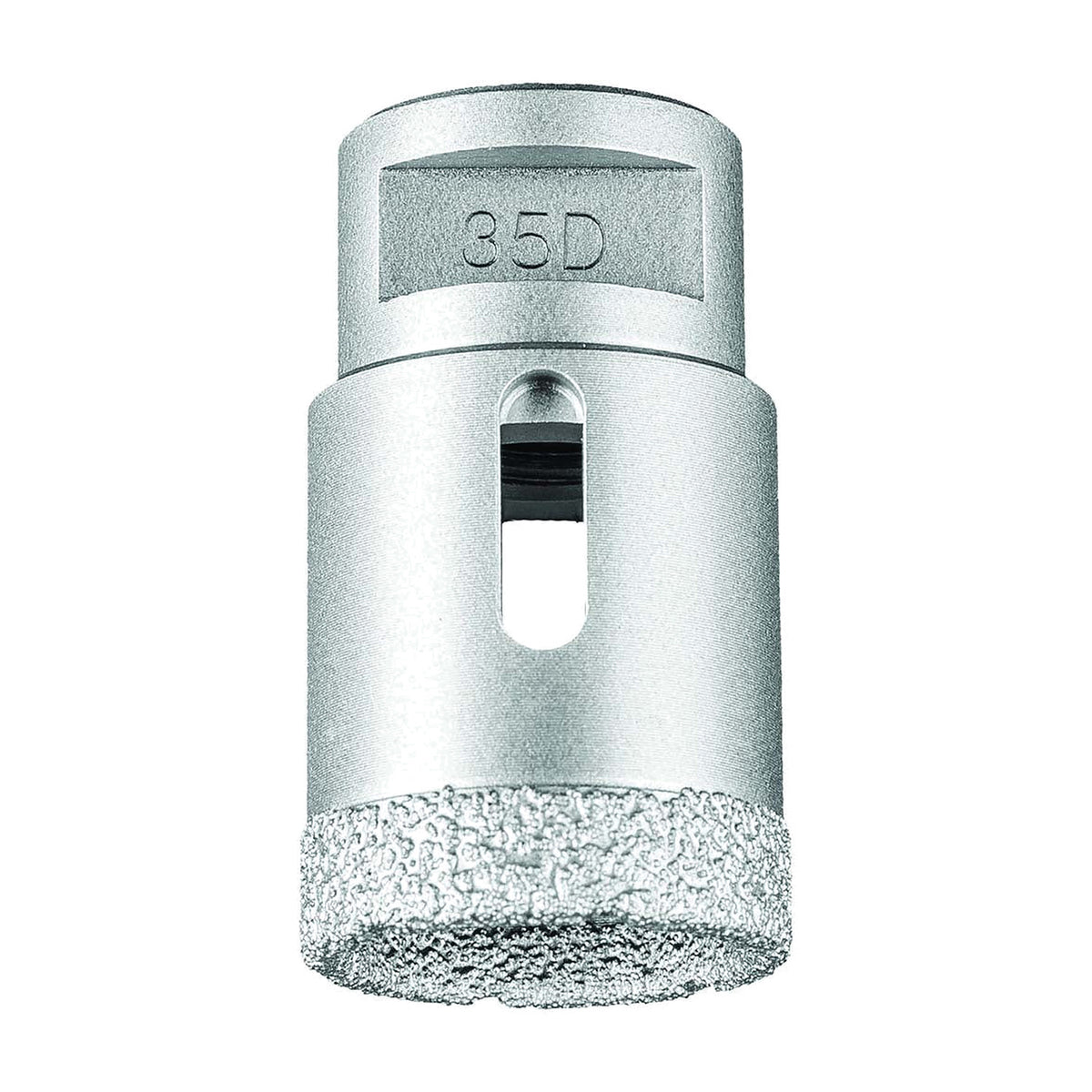 Pferd DCD dry diamond core drill bit for tiles, 35D size marked on the body, silver bit with slotted body and diamond rim, side view