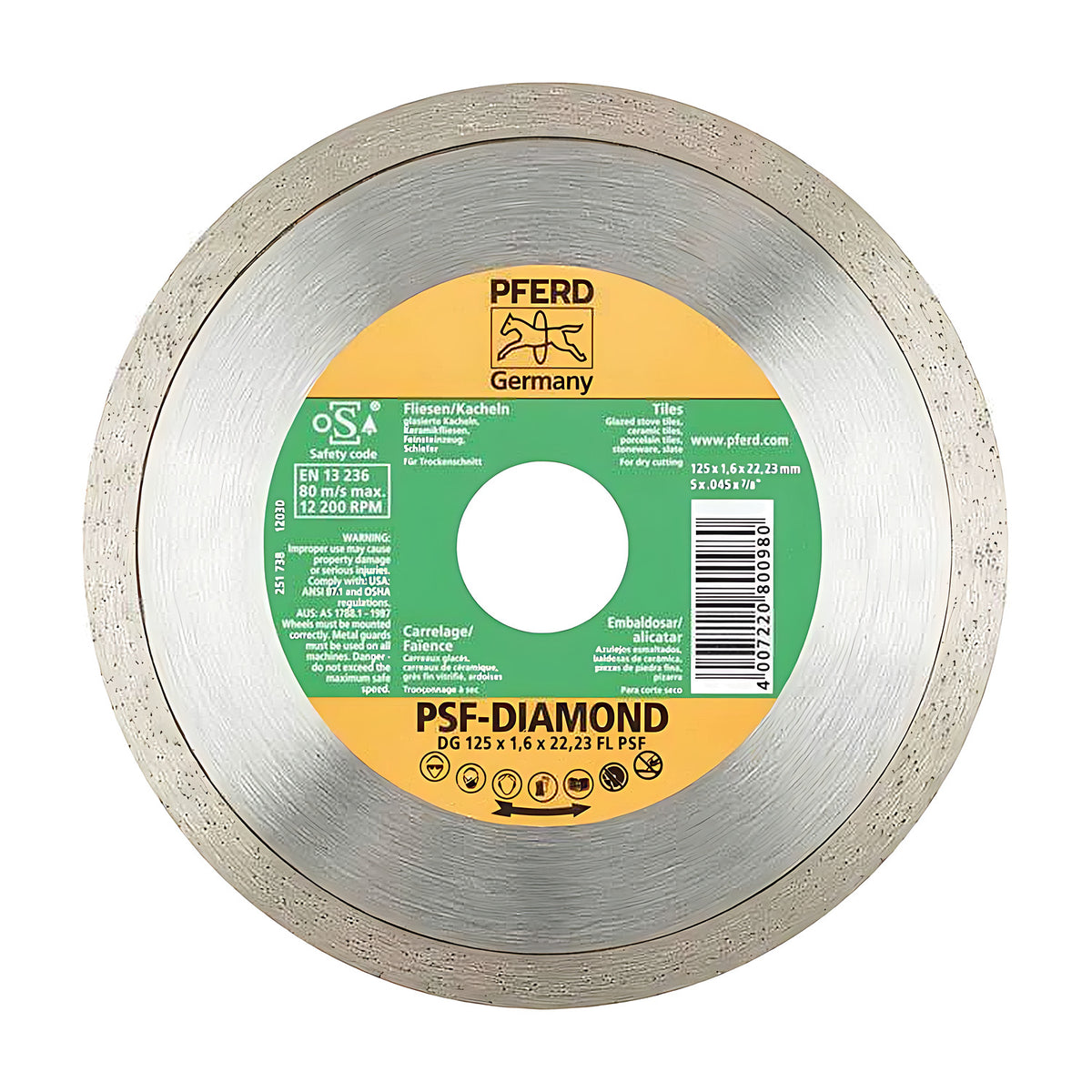Pferd DG 125 x 1.6 FL PSF-DIAMOND tile blade, continuous rim, orange and green TILES label with centre hole, front view