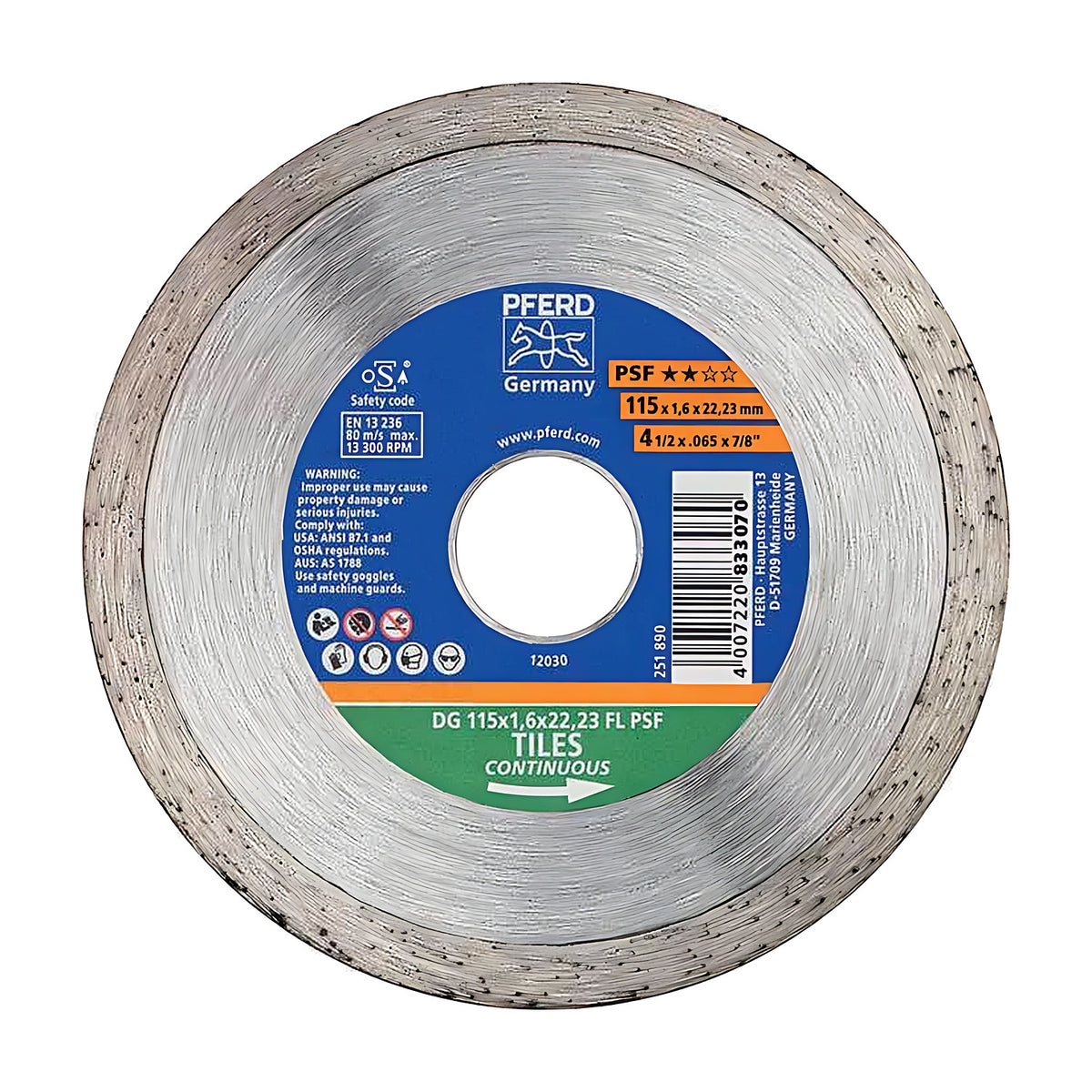 Pferd DG 115 x 1.6 FL PSF diamond tile blade, continuous rim, blue PFERD label and green TILES CONTINUOUS band