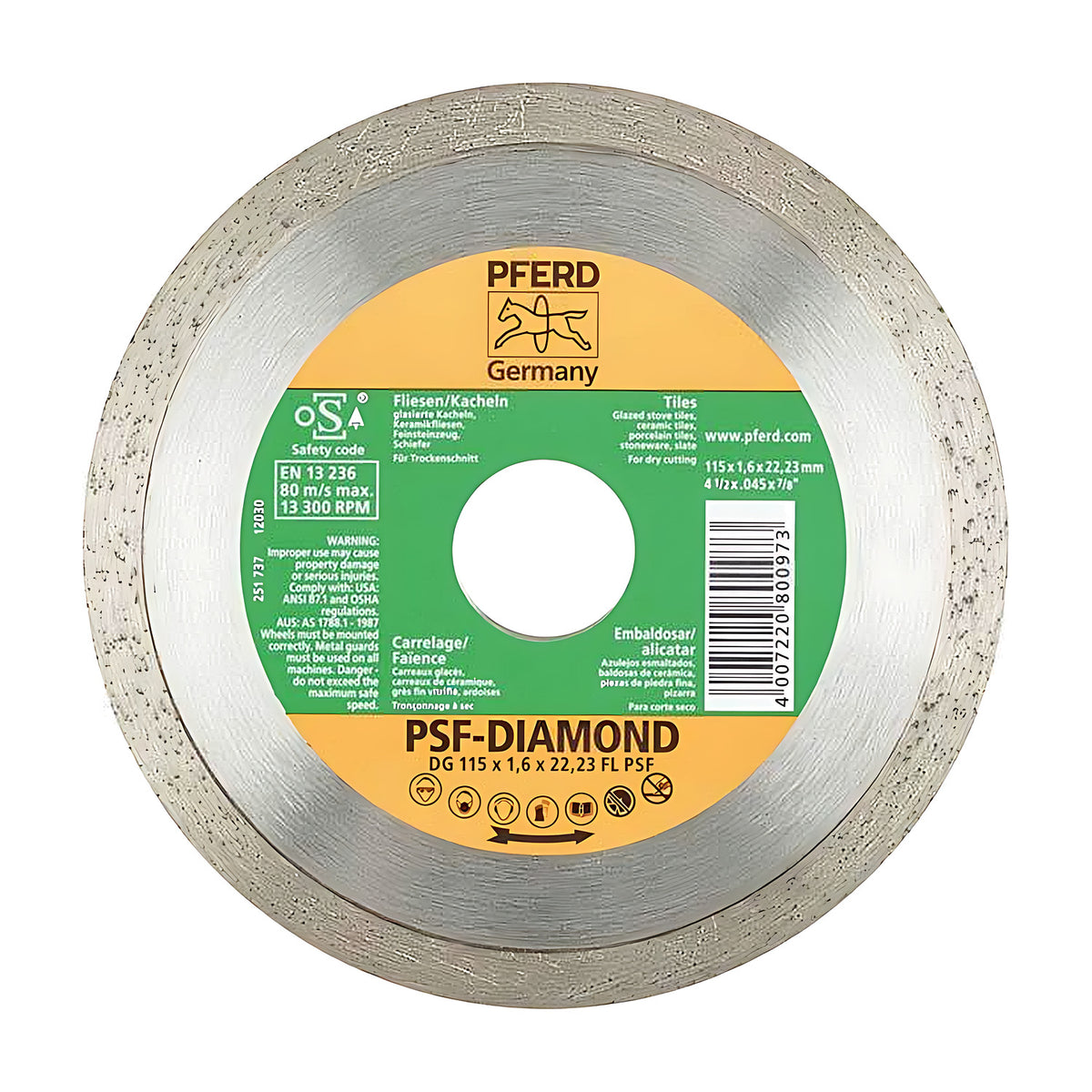 Pferd DG 115 x 1.6 FL PSF-DIAMOND tile blade, continuous rim, orange and green TILES label with centre hole, front view
