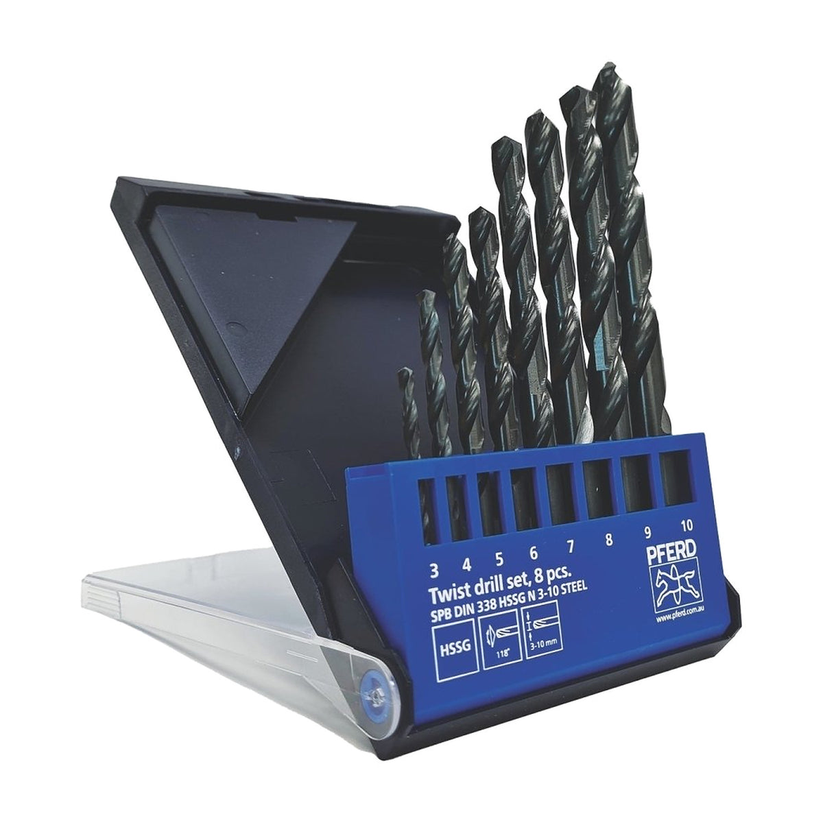 Pferd HSSG N Steel 8-piece twist drill set, 3 to 8 mm, black bits in a blue and navy folding case with a clear base