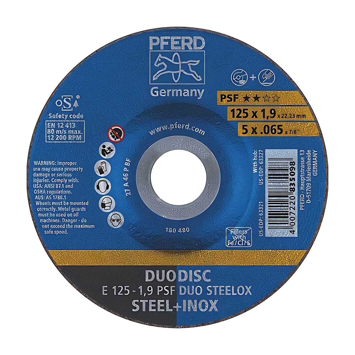 Pferd DUODISC E 125-1,9 PSF DUO STEELOX cutting and grinding wheel, 125 x 1.9 mm, blue disc face with yellow PSF band