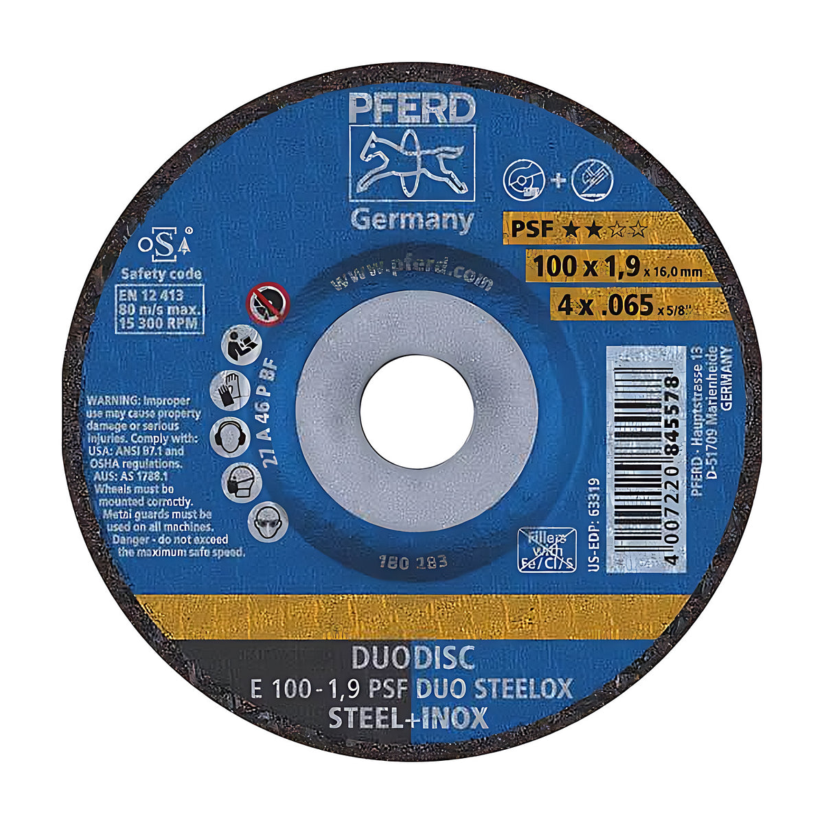 Pferd DUODISC E 100-1,9 PSF DUO STEELOX cutting and grinding wheel, 100 x 1.9 mm, blue disc face with yellow PSF band