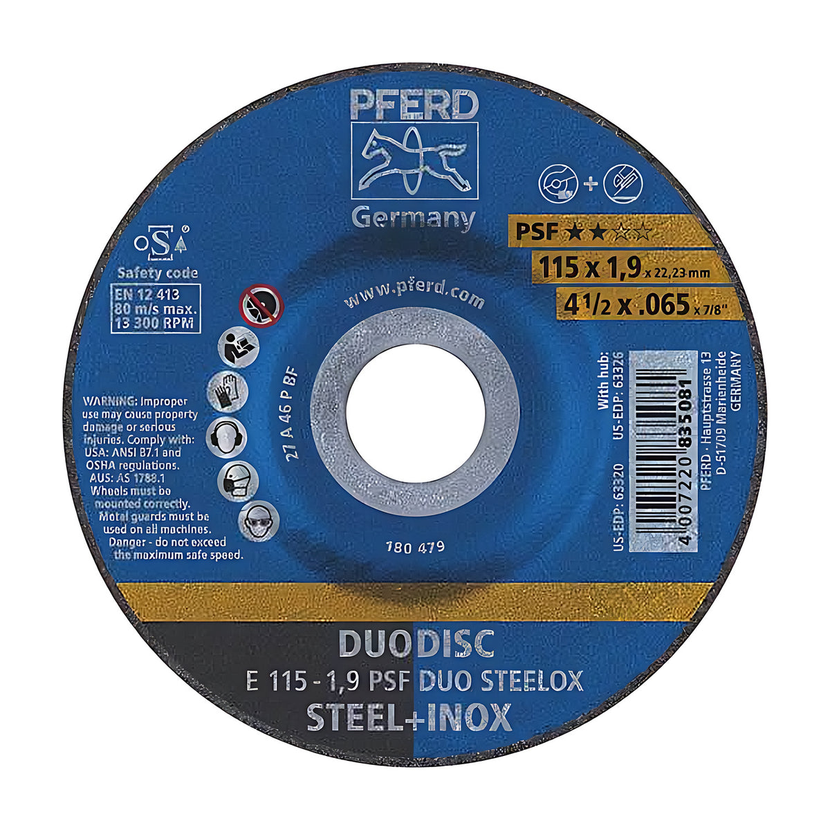 Pferd DUODISC E 115-1,9 PSF DUO STEELOX cutting and grinding wheel, 115 x 1.9 mm, blue disc face with yellow PSF band