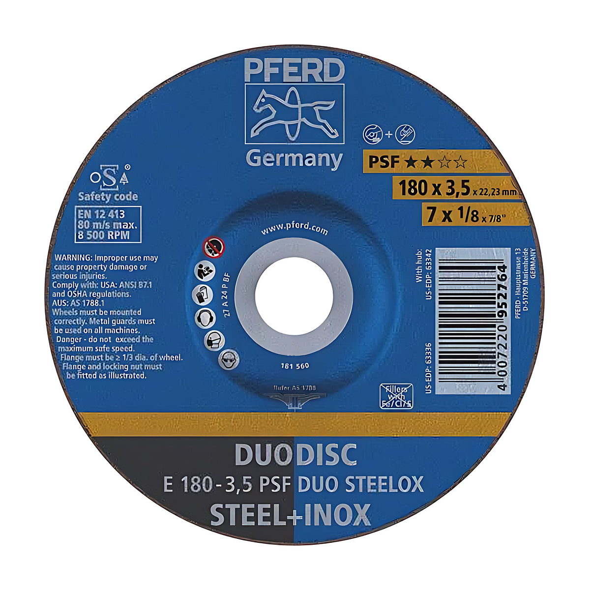 Pferd DUODISC E 180-3,5 PSF DUO STEELOX cutting and grinding wheel, 180 x 3.5 mm, blue disc face with yellow PSF band