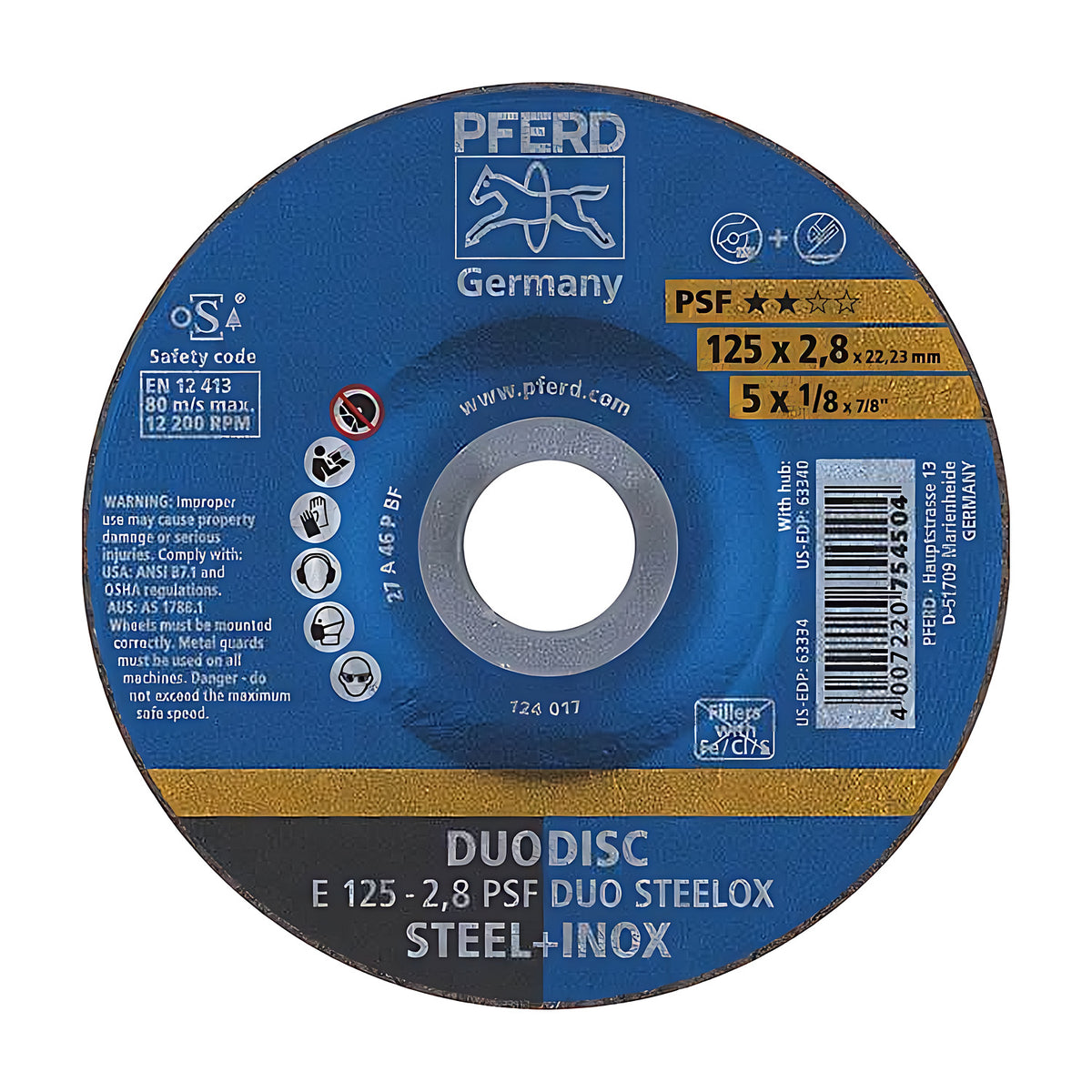 Pferd DUODISC E 125-2,8 PSF DUO STEELOX cutting and grinding wheel, 125 x 2.8 mm, blue disc face with yellow PSF band
