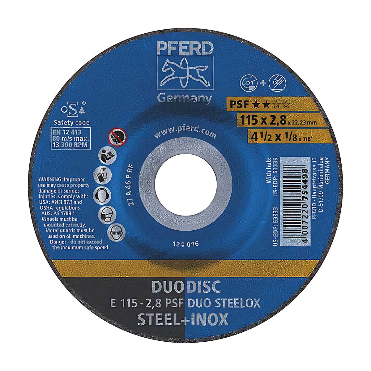 Pferd DUODISC E 115-2,8 PSF DUO STEELOX cutting and grinding wheel, 115 x 2.8 mm, blue disc face with yellow PSF band