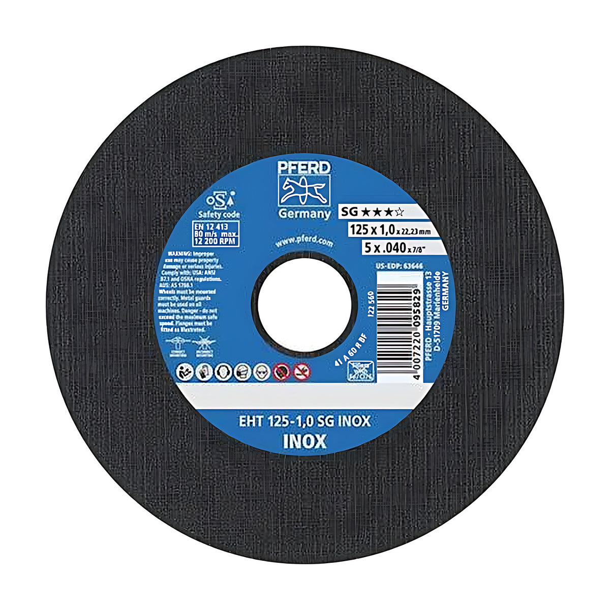 Pferd EHT 125-1,0 SG INOX flat cut-off wheel, 125 x 1.0 mm, black disc with blue PFERD label and INOX band