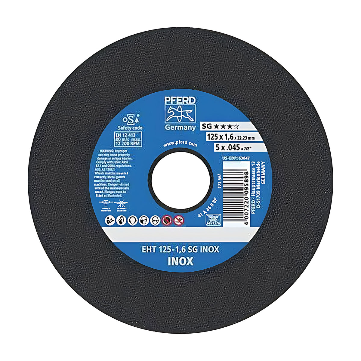 Pferd EHT 125-1,6 SG INOX flat cut-off wheel, 125 x 1.6 mm, black disc with blue PFERD label and INOX band