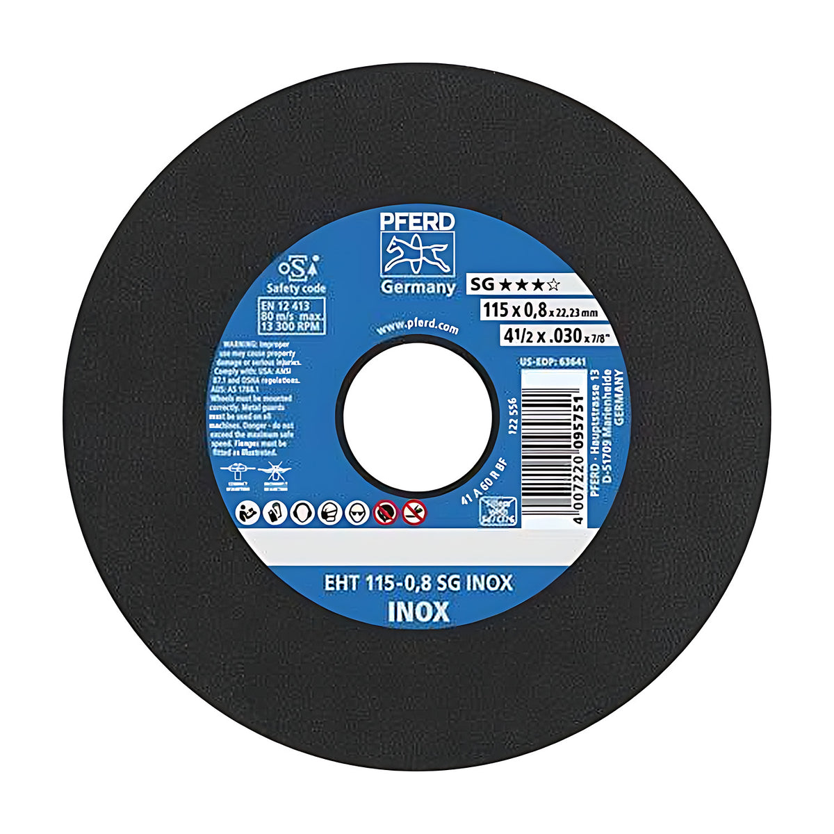 Pferd EHT 115-0,8 SG INOX flat cut-off wheel, 115 x 0.8 mm, black disc with blue PFERD label and INOX band