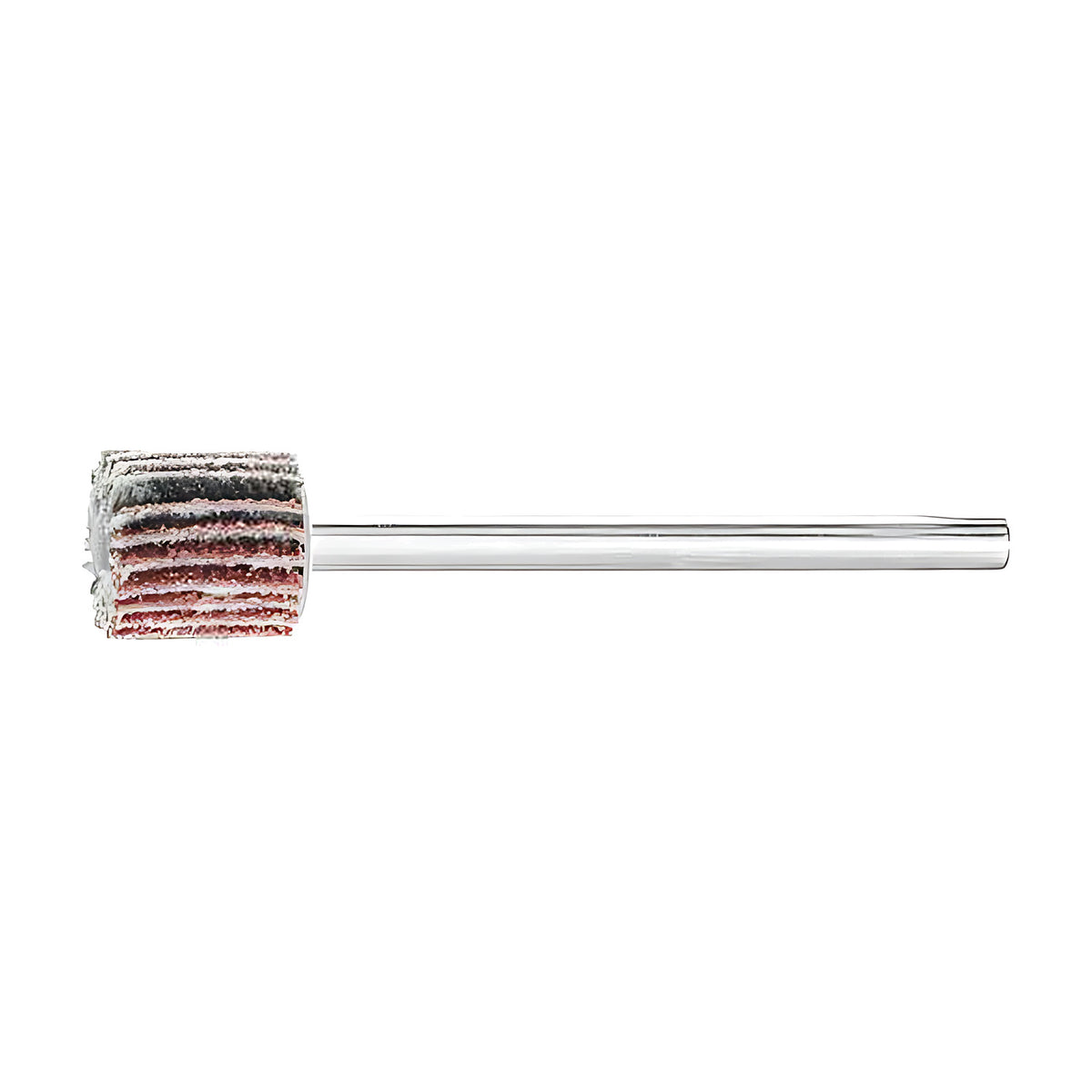 Pferd fan grinder 10 x 10 mm, aluminium oxide flap wheel with maroon and grey flaps on a silver shank, small wheel, side view