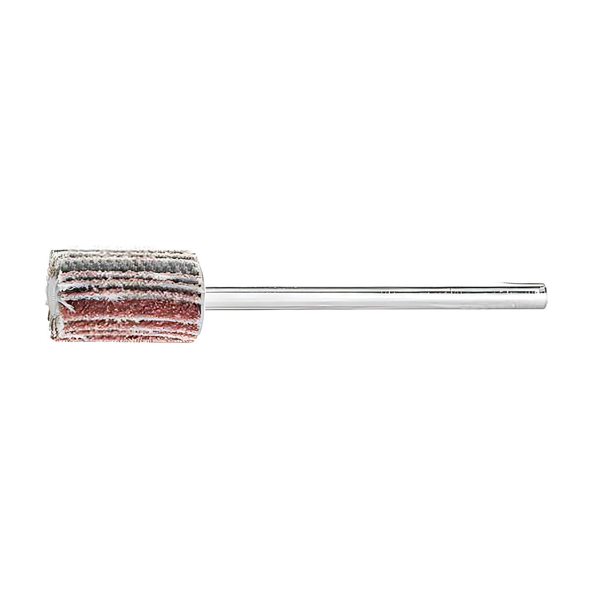 Pferd fan grinder 10 x 15 mm, aluminium oxide flap wheel with maroon and grey flaps on a silver shank, small wheel, side view