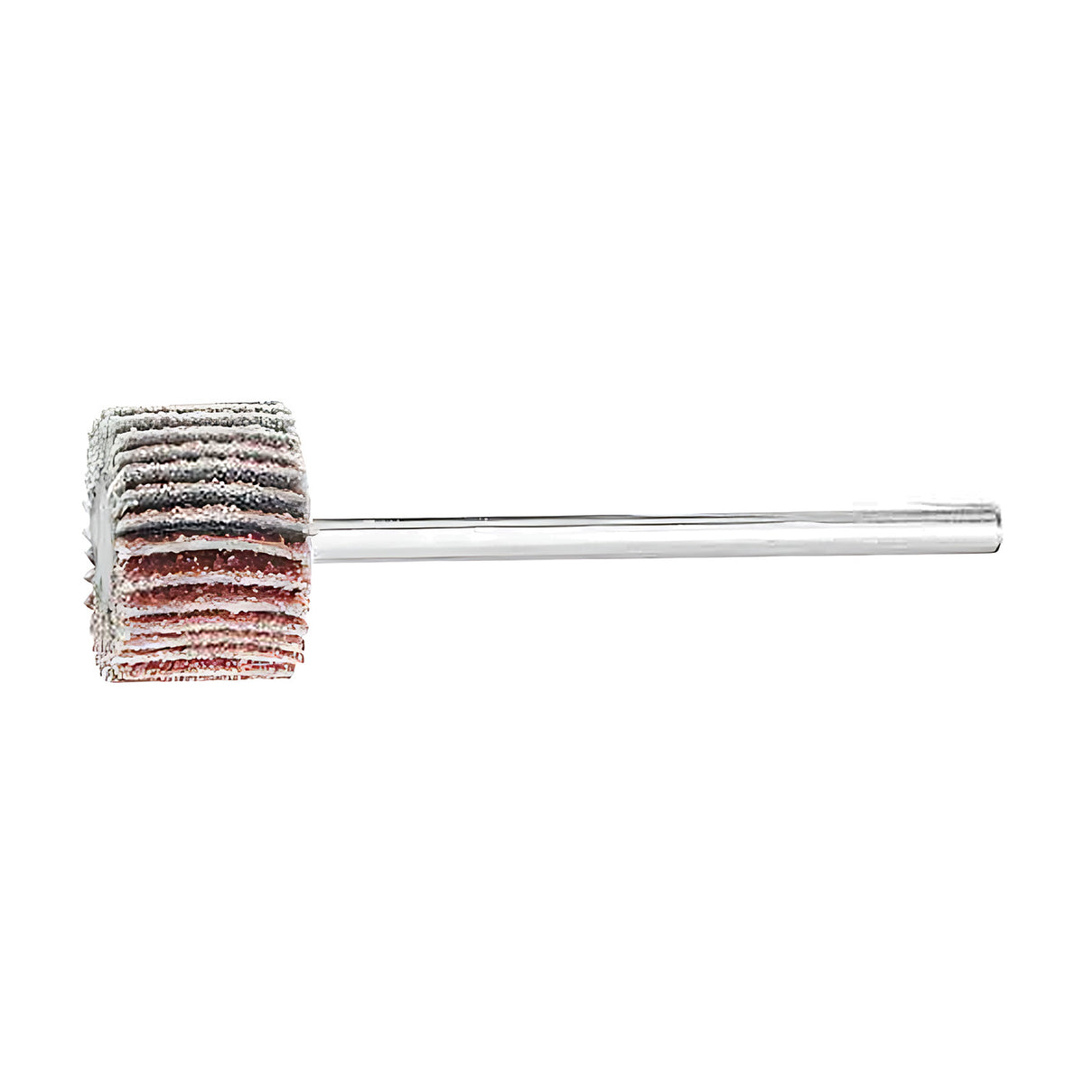 Pferd fan grinder 15 x 10 mm, aluminium oxide flap wheel with maroon and grey flaps on a silver shank, small wheel, side view