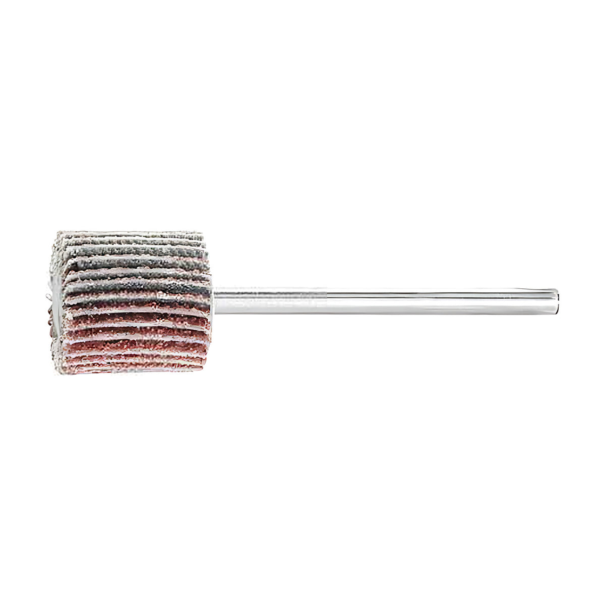 Pferd fan grinder 15 x 15 mm, aluminium oxide flap wheel with maroon and grey flaps on a silver shank, small wheel, side view