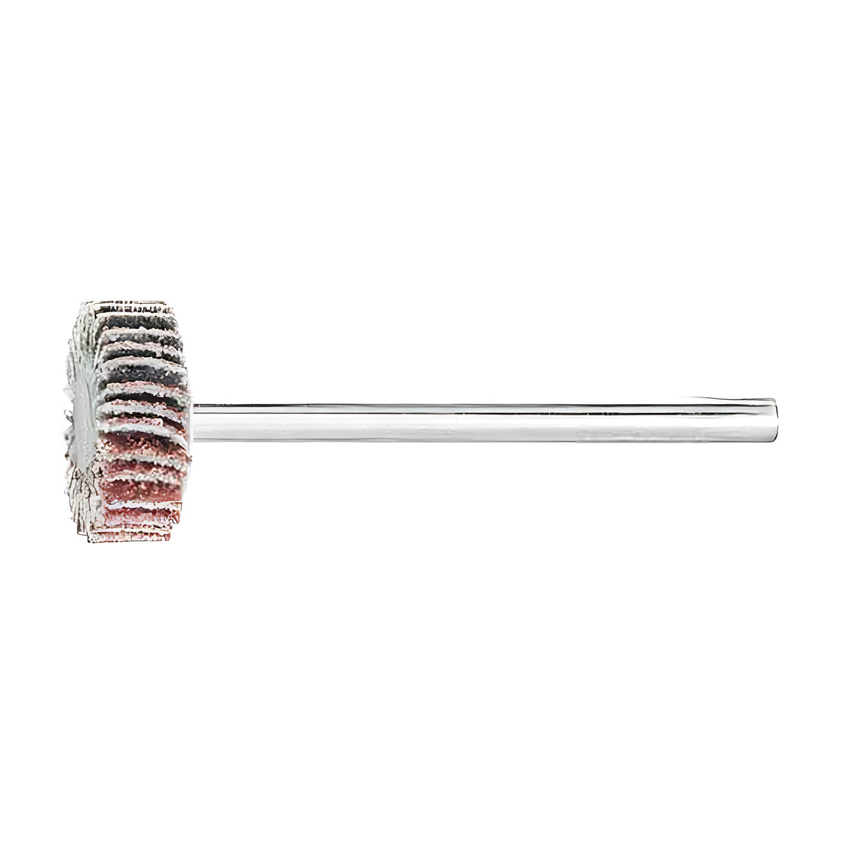 Pferd fan grinder 15 x 5 mm, aluminium oxide flap wheel with maroon and grey flaps on a silver shank, small wheel, side view