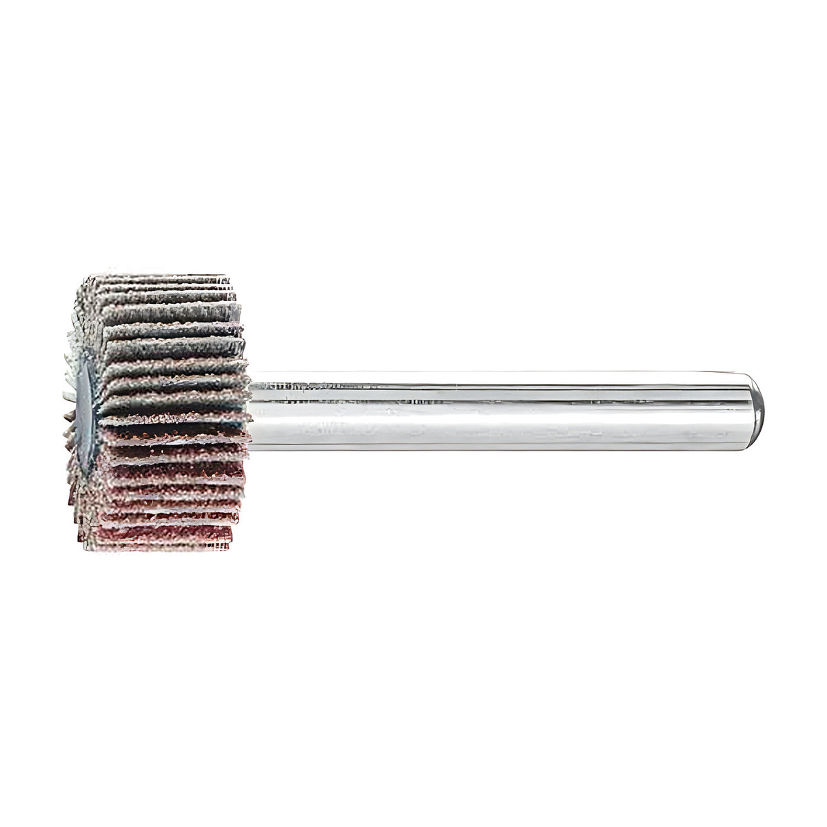 Pferd fan grinder 20 x 10 mm, aluminium oxide flap wheel with maroon and grey flaps on a silver shank, side view with a thicker shank