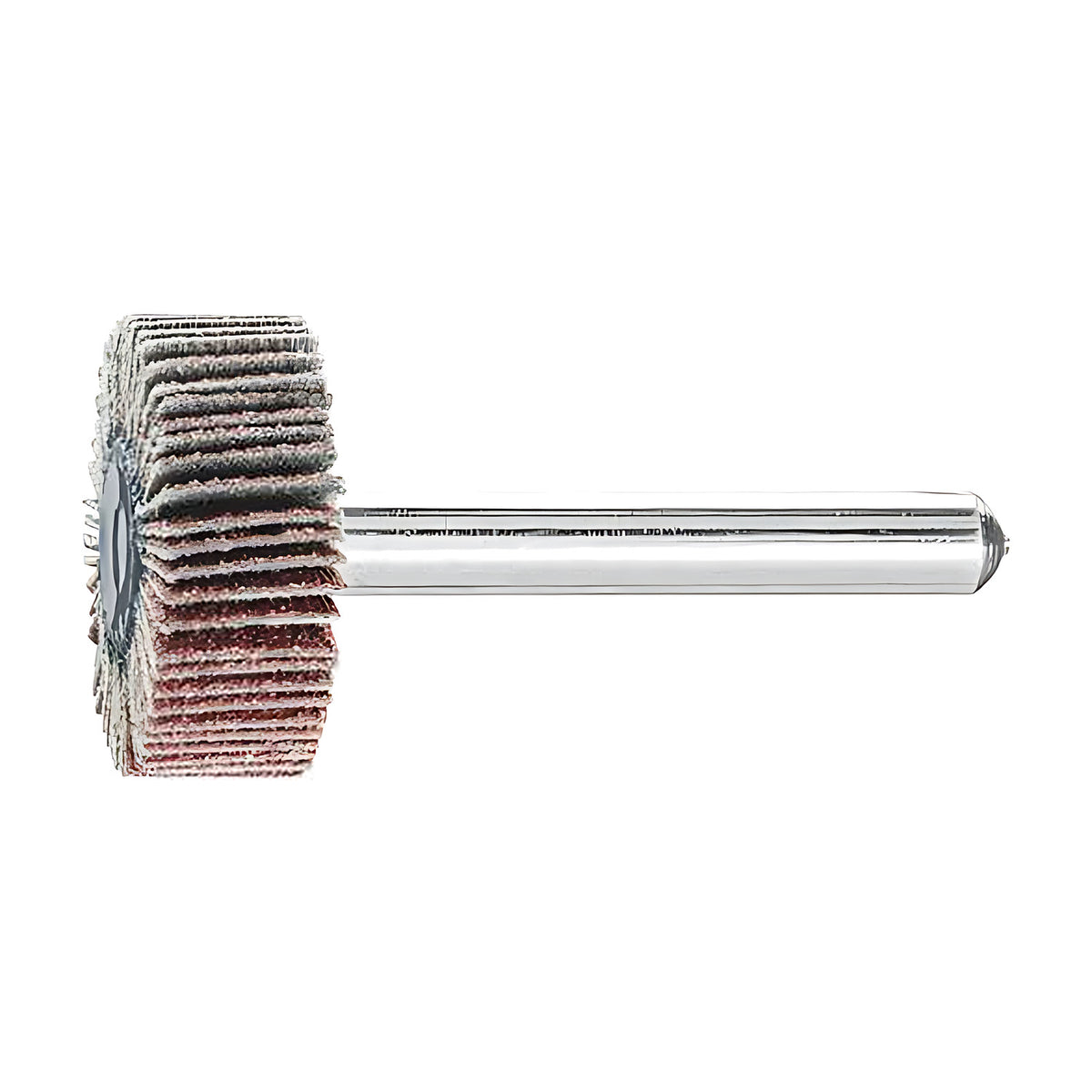 Pferd fan grinder 25 x 10 mm, aluminium oxide flap wheel with maroon and grey flaps on a silver shank, side view