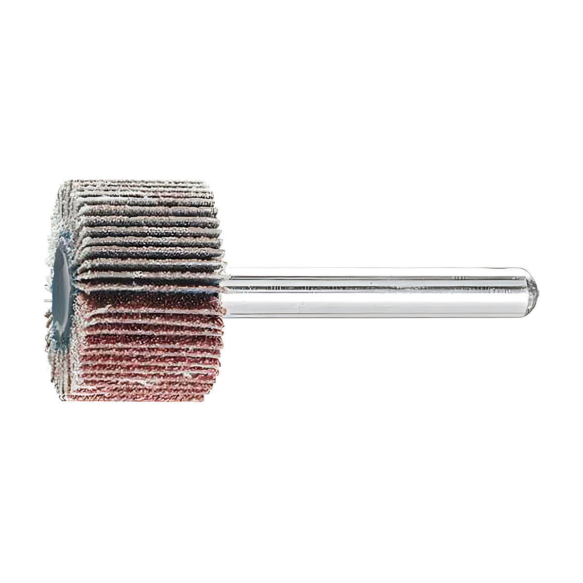 Pferd fan grinder 25 x 15 mm, aluminium oxide flap wheel with maroon and grey flaps on a silver shank, side view