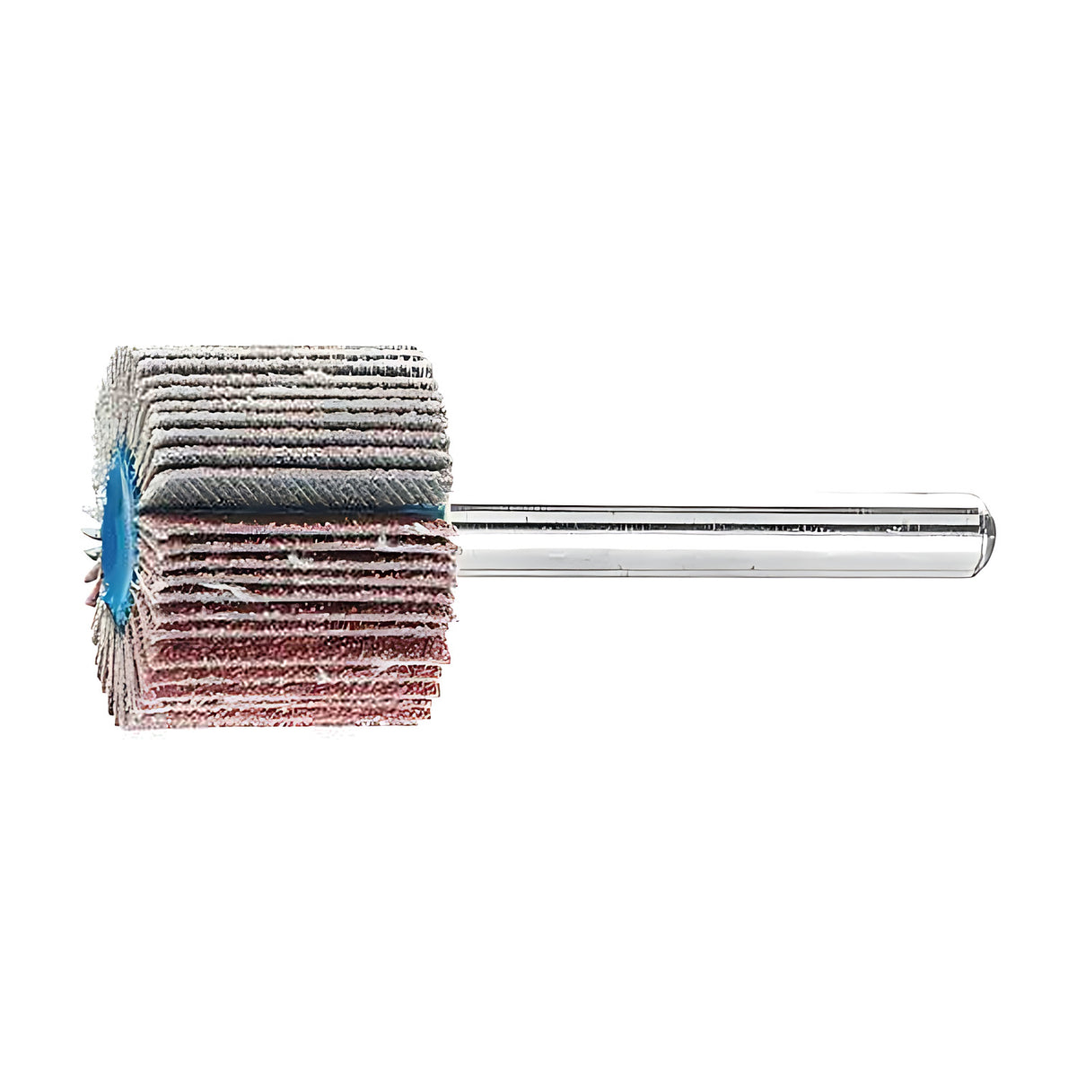 Pferd fan grinder 25 x 20 mm, aluminium oxide flap wheel with maroon and grey flaps on a silver shank, side view