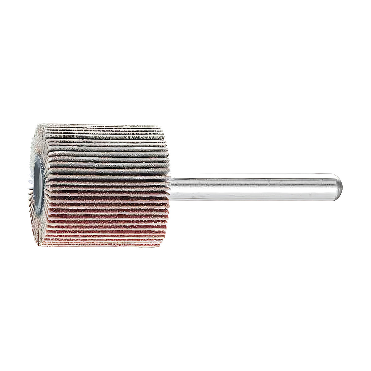 Pferd fan grinder 25 x 25 mm, aluminium oxide flap wheel with maroon and grey flaps on a silver shank, side view