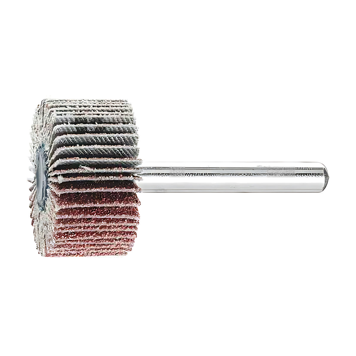 Pferd fan grinder 30 x 15 mm, aluminium oxide flap wheel with maroon and grey flaps on a silver shank, side view