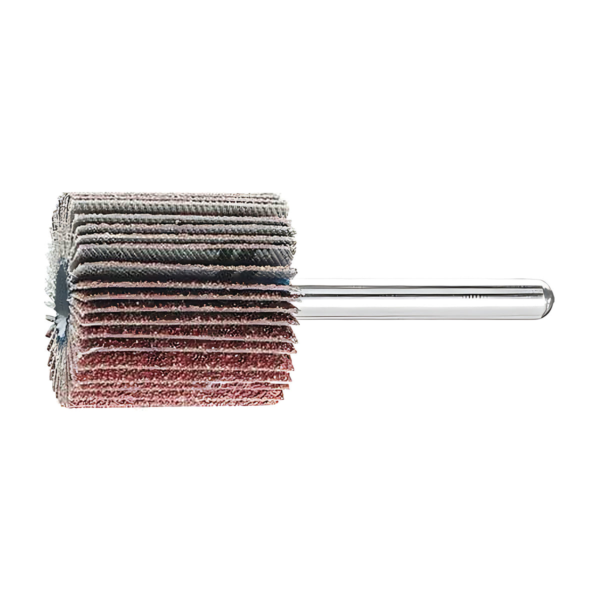 Pferd fan grinder 30 x 30 mm, aluminium oxide flap wheel with maroon and grey flaps on a silver shank, side view