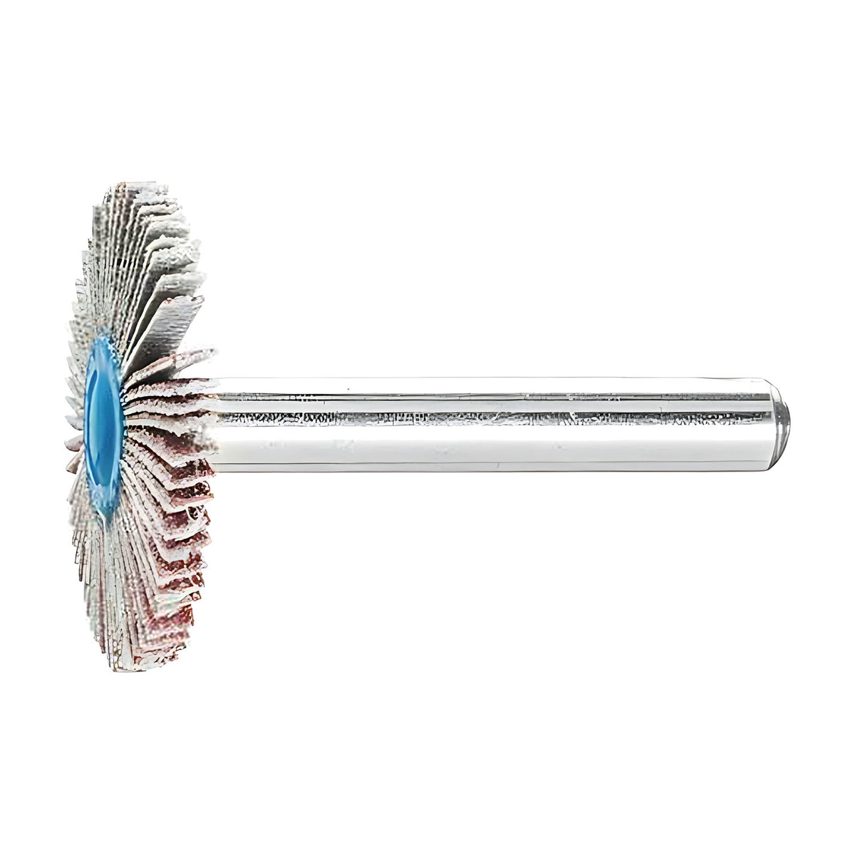 Pferd fan grinder 30 x 3 mm, aluminium oxide flap wheel with maroon and grey flaps on a silver shank, thin disc-like wheel with blue hub, three-quarter view