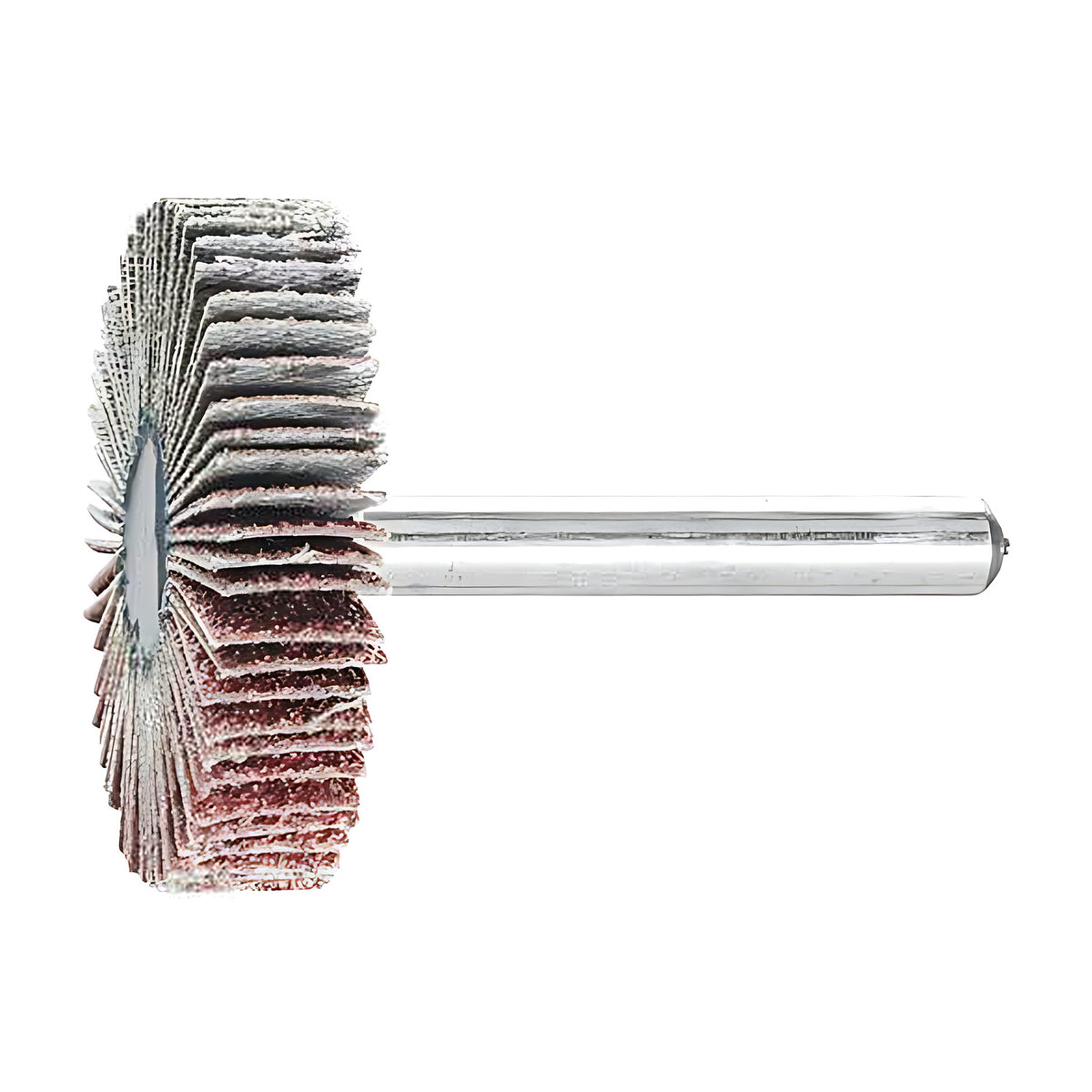 Pferd fan grinder 40 x 10 mm, aluminium oxide flap wheel with maroon and grey flaps on a silver shank, side view