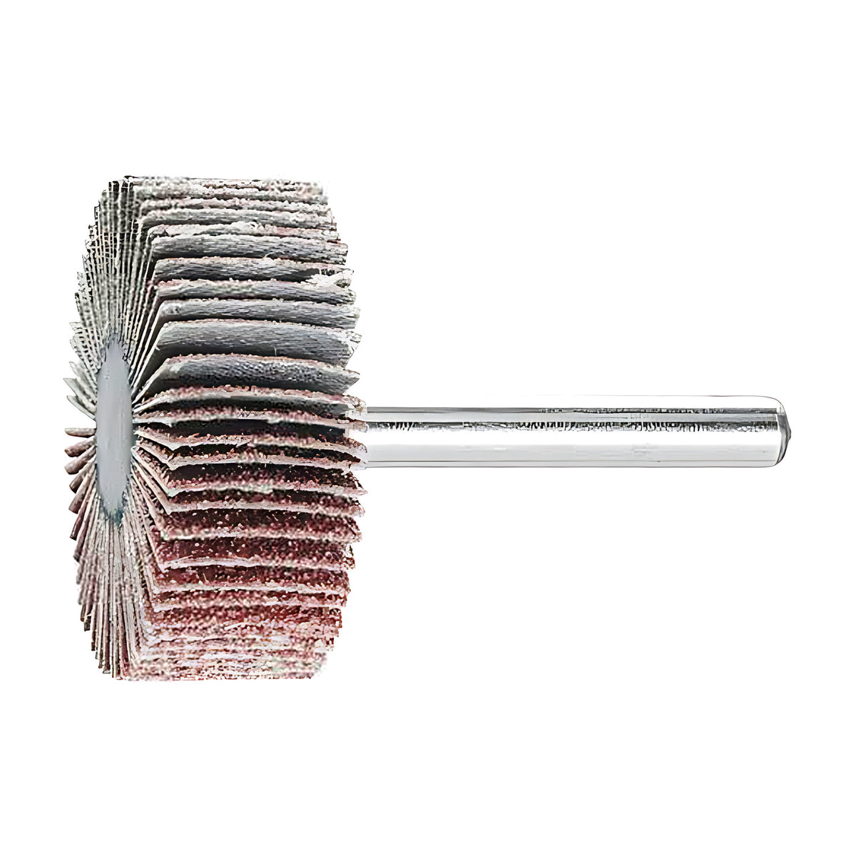 Pferd fan grinder 40 x 15 mm, aluminium oxide flap wheel with maroon and grey flaps on a silver shank, side view