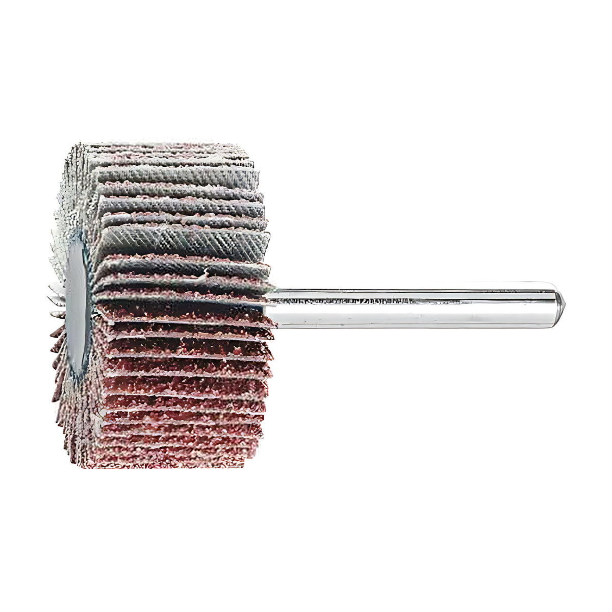 Pferd fan grinder 40 x 20 mm, aluminium oxide flap wheel with maroon and grey flaps on a silver shank, side view