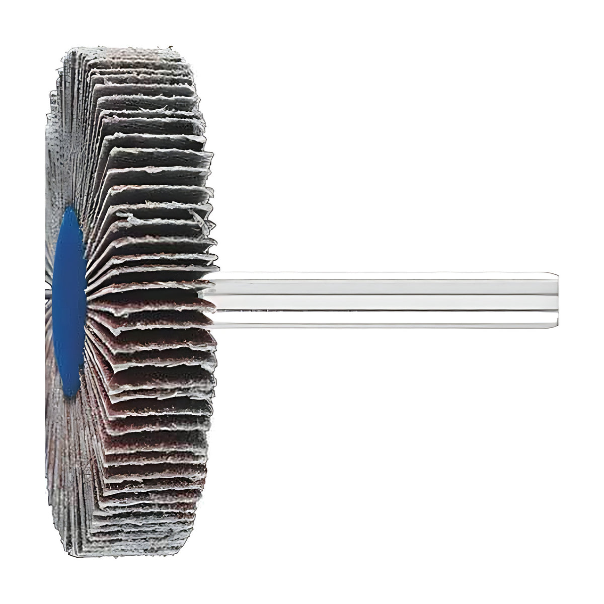Pferd fan grinder 50 x 10 mm, aluminium oxide flap wheel with maroon and grey flaps on a silver shank, side view, narrow flap face and silver shank
