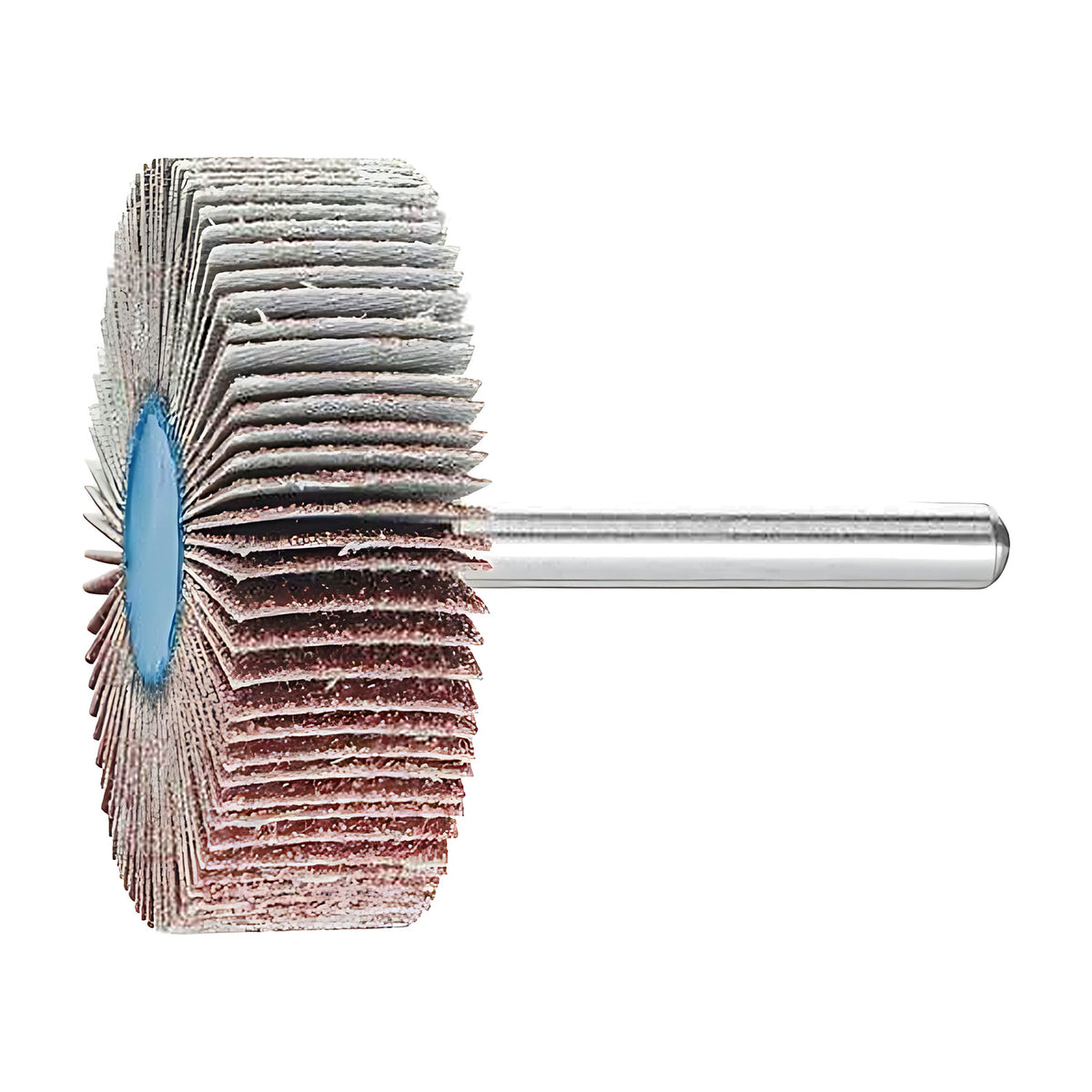 Pferd fan grinder 50 x 15 mm, aluminium oxide flap wheel with maroon and grey flaps on a silver shank, side view