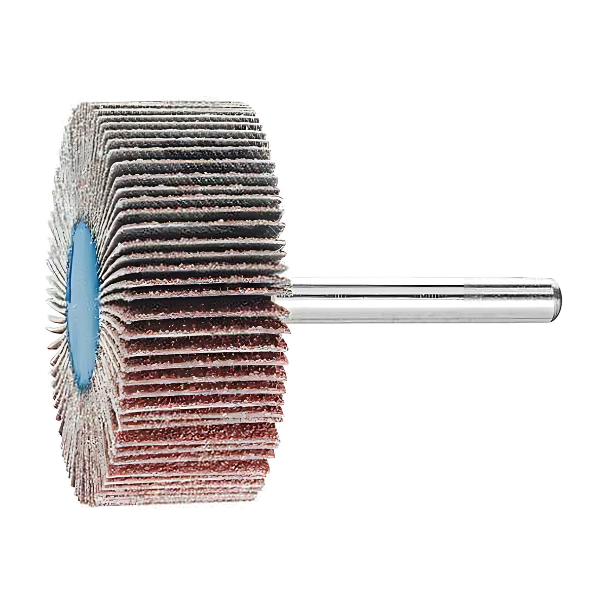 Pferd fan grinder 50 x 20 mm, aluminium oxide flap wheel with maroon and grey flaps on a silver shank, side view