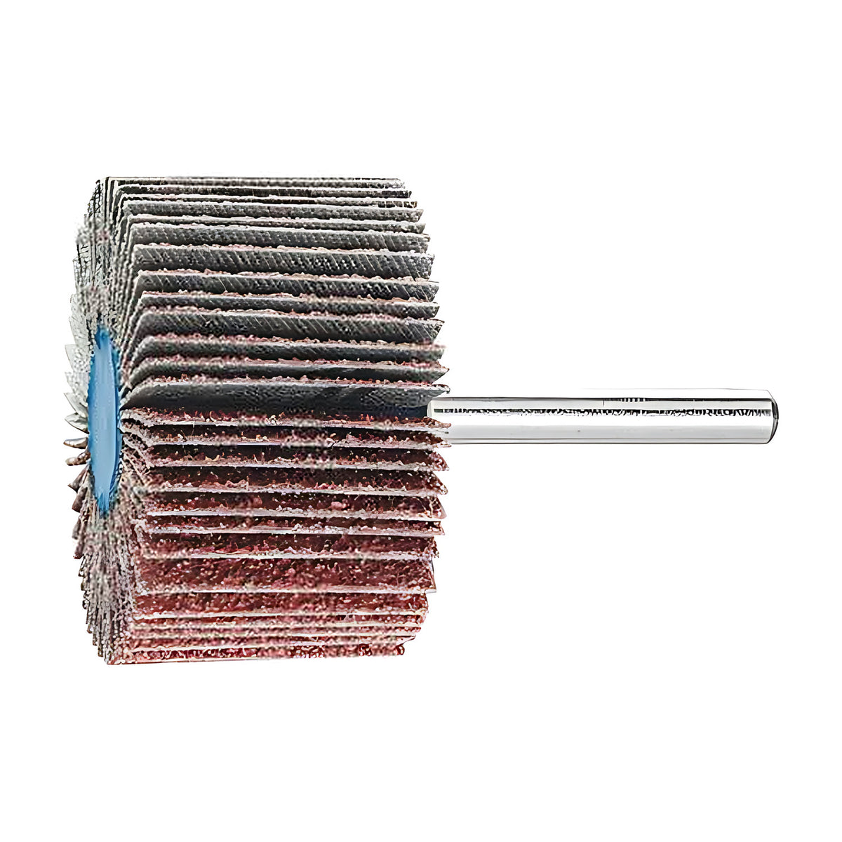 Pferd fan grinder 50 x 30 mm, aluminium oxide flap wheel with maroon and grey flaps on a silver shank, side view