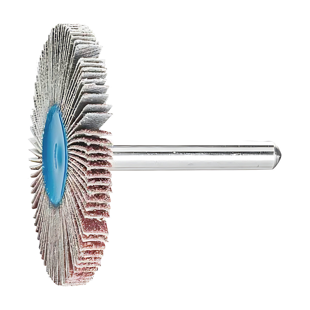 Pferd fan grinder 50 x 5 mm, aluminium oxide flap wheel with maroon and grey flaps on a silver shank, flat disc-like wheel, three-quarter view