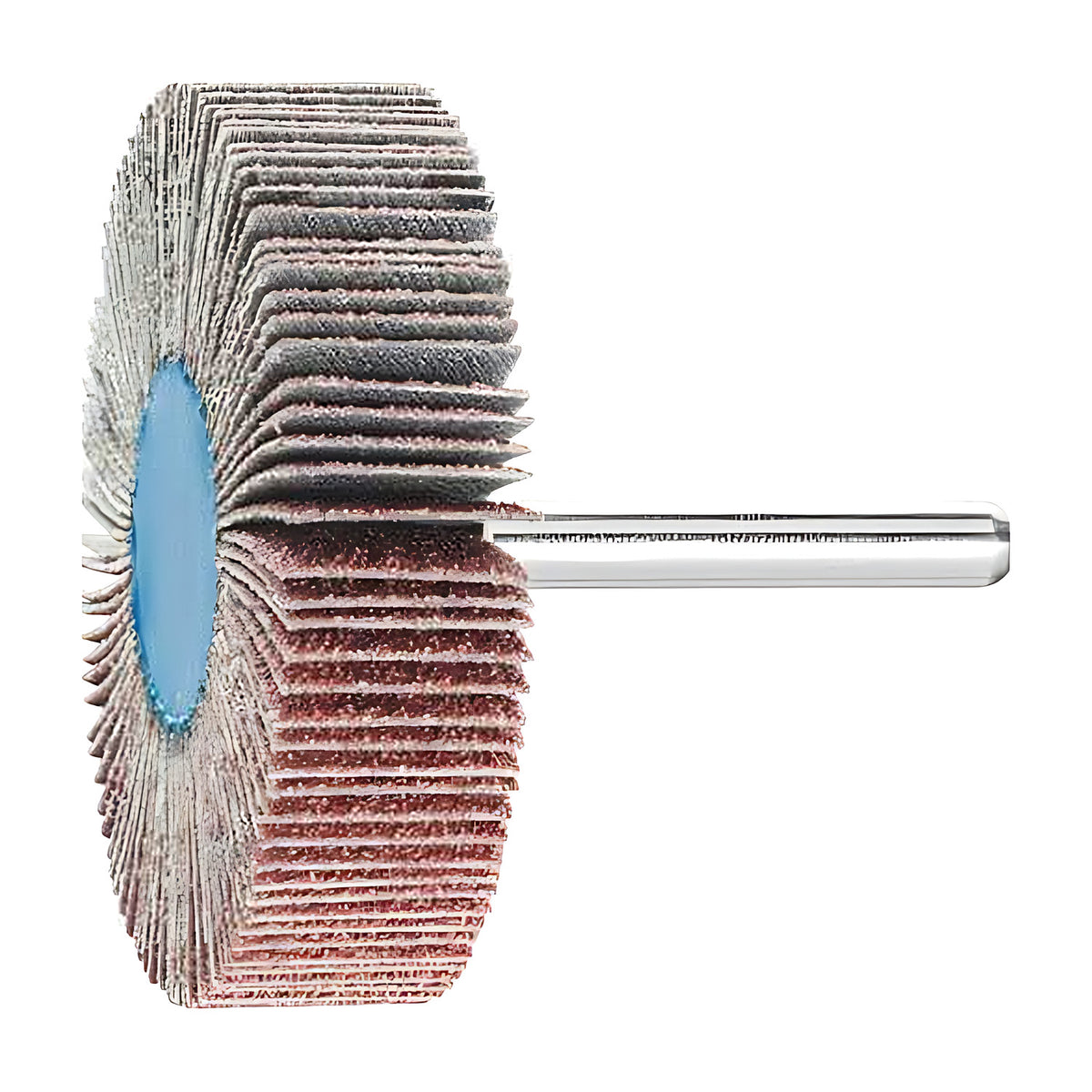 Pferd fan grinder 60 x 15 mm, aluminium oxide flap wheel on a silver shank, view 1 of 4, blue hub at left, dark upper flaps over red