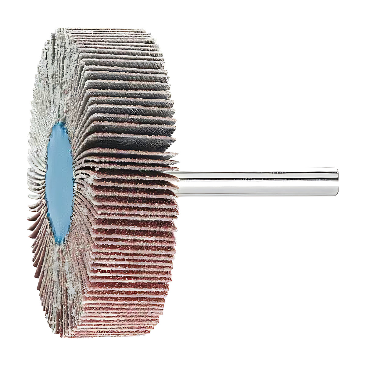 Pferd fan grinder 60 x 15 mm, aluminium oxide flap wheel with maroon and grey flaps on a silver shank, product view 2 of 4, wider flap face, blue hub at left