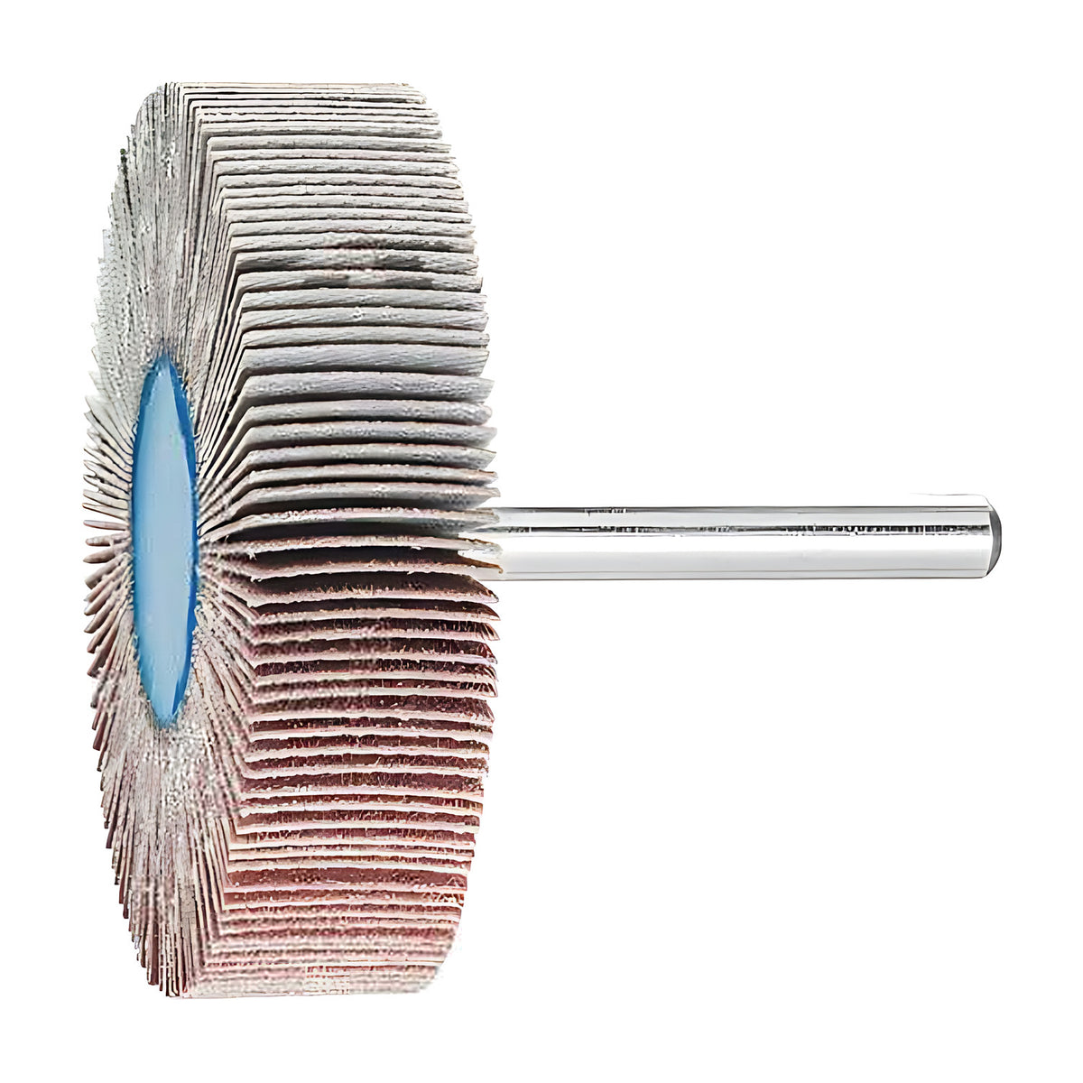 Pferd fan grinder 60 x 15 mm, aluminium oxide flap wheel with maroon and grey flaps on a silver shank, product view 3 of 4, shank at upper right, light grey flap edges