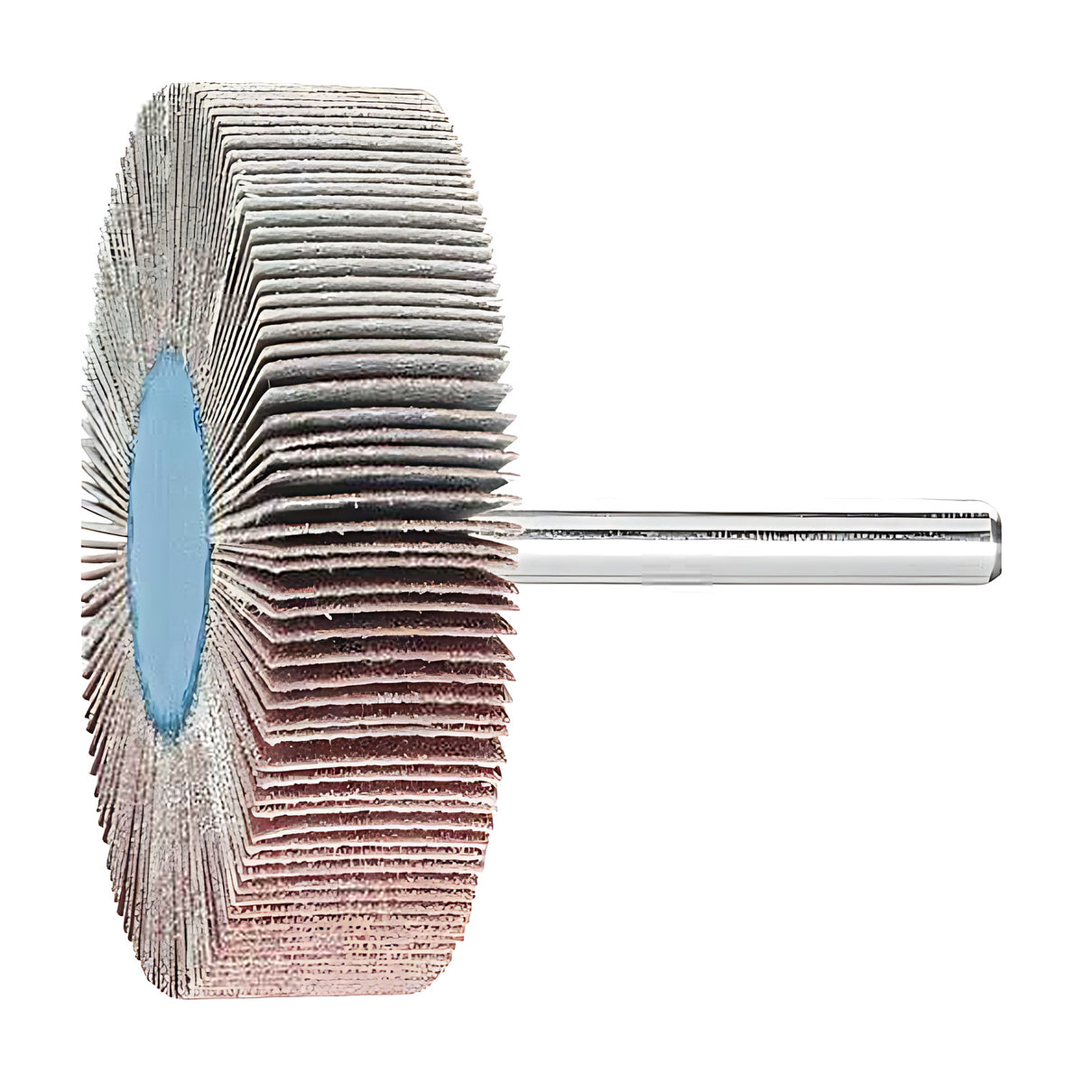 Pferd fan grinder 60 x 15 mm, aluminium oxide flap wheel with maroon and grey flaps on a silver shank, product view 4 of 4, flaps fully fanned, shank on the right
