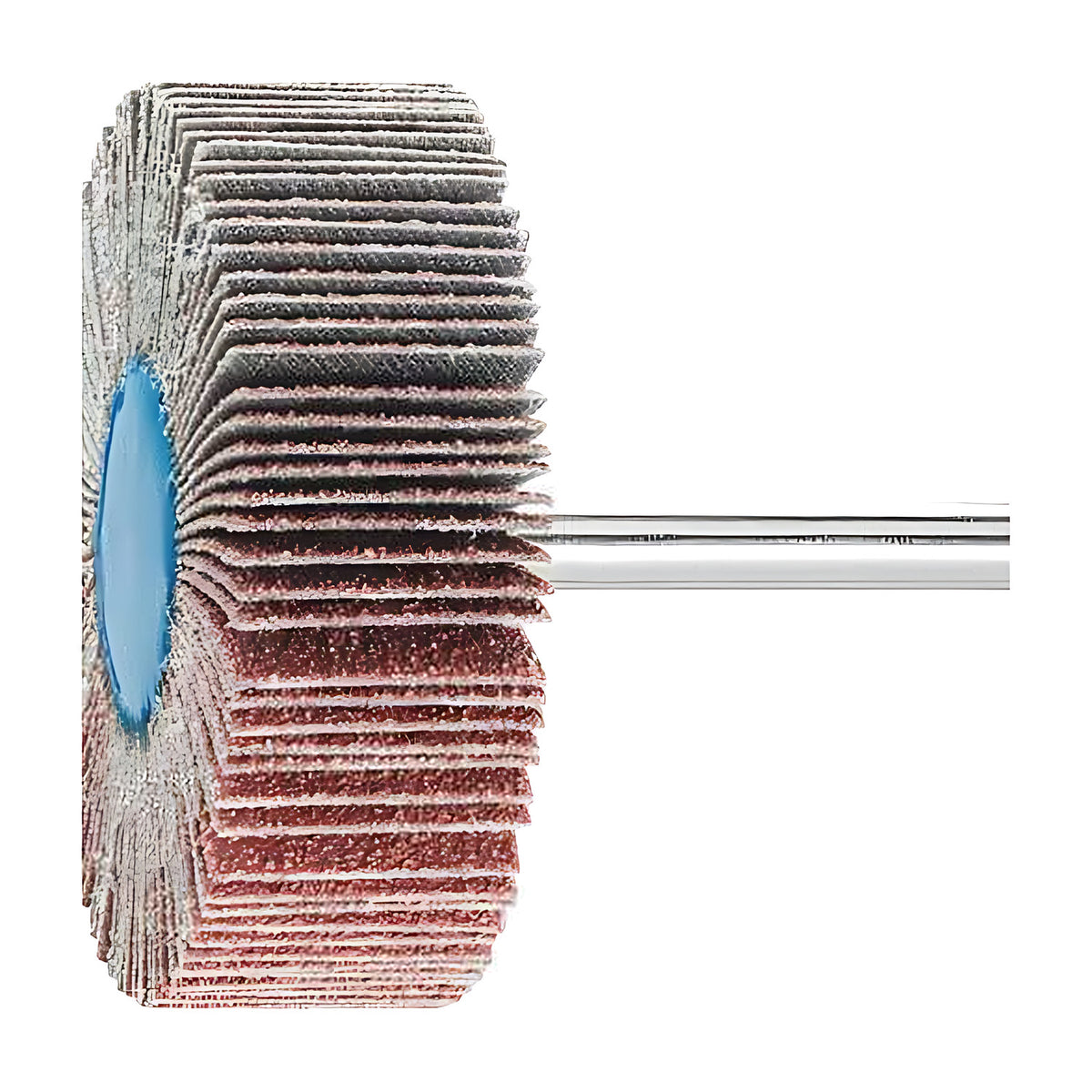 Pferd fan grinder 60 x 20 mm, aluminium oxide flap wheel with maroon and grey flaps on a silver shank, side view