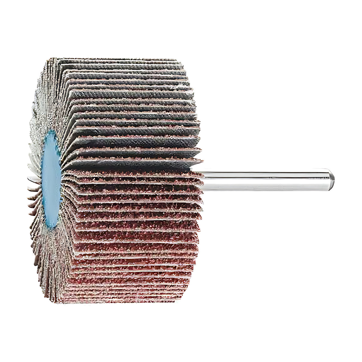 Pferd fan grinder 60 x 30 mm, aluminium oxide flap wheel with maroon and grey flaps on a silver shank, side view