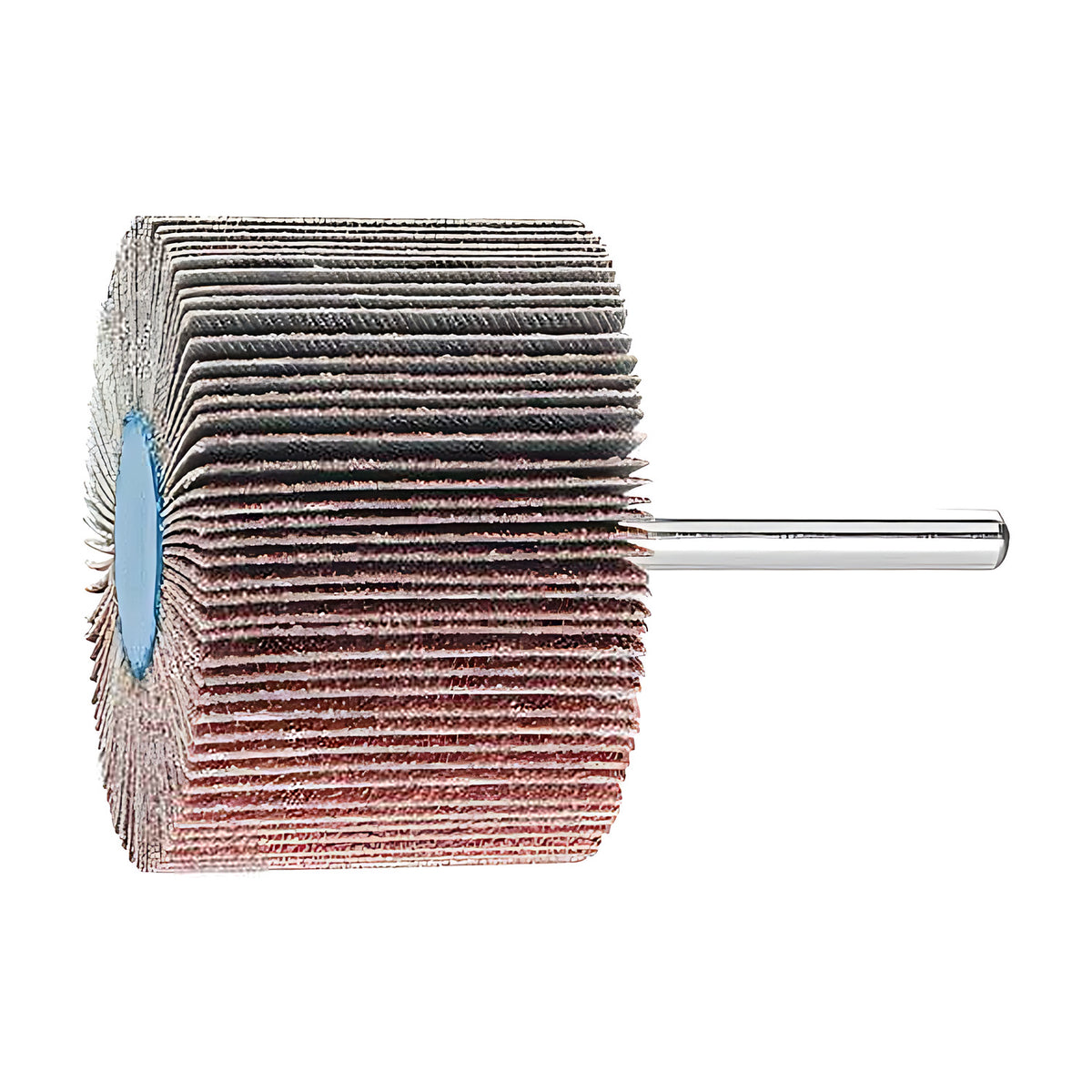 Pferd fan grinder 60 x 40 mm, aluminium oxide flap wheel with maroon and grey flaps on a silver shank, side view