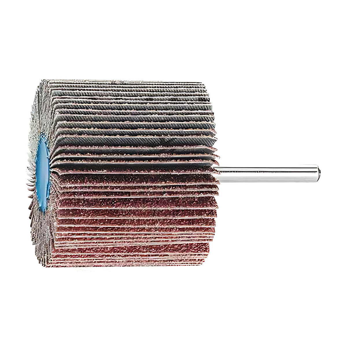 Pferd fan grinder 60 x 50 mm, aluminium oxide flap wheel with maroon and grey flaps on a silver shank, side view