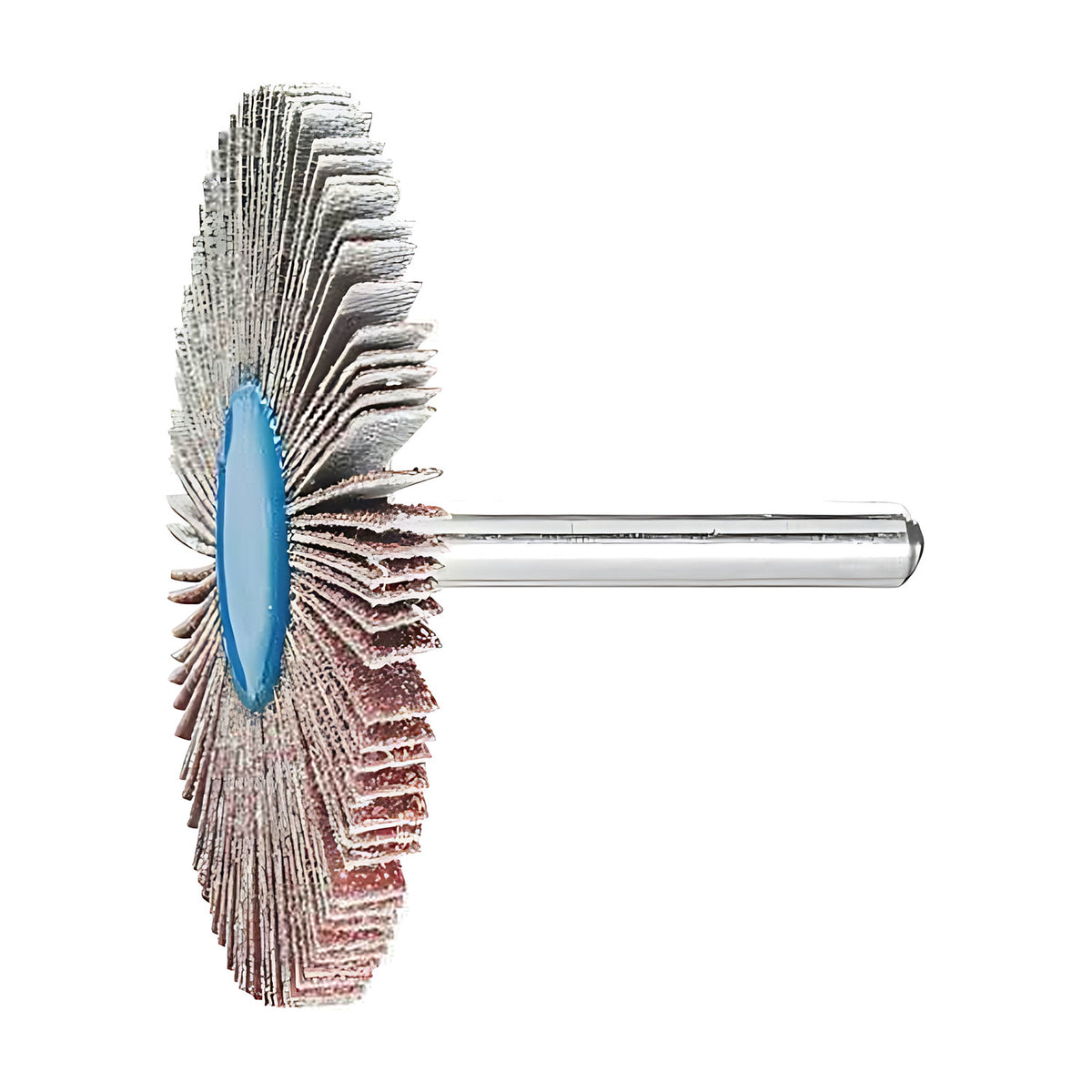 Pferd fan grinder 60 x 5 mm, aluminium oxide flap wheel with maroon and grey flaps on a silver shank, thin flap wheel seen from an angle, blue hub centred