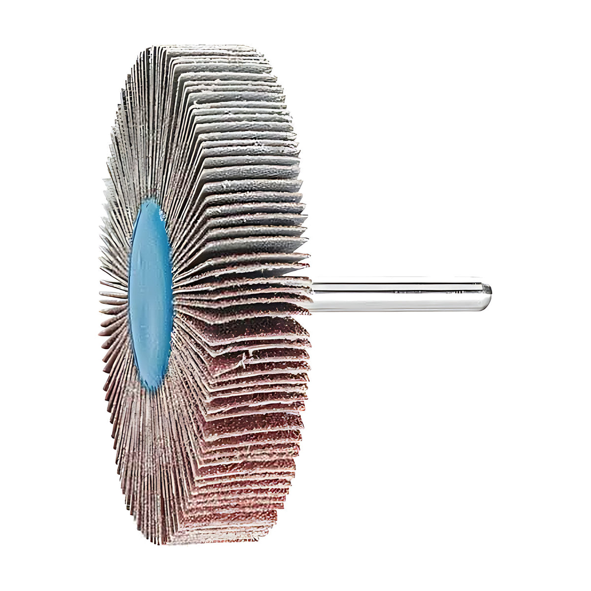 Pferd fan grinder 80 x 15 mm, aluminium oxide flap wheel with maroon and grey flaps on a silver shank, product view 3 of 3, turned further, tight fan of flaps