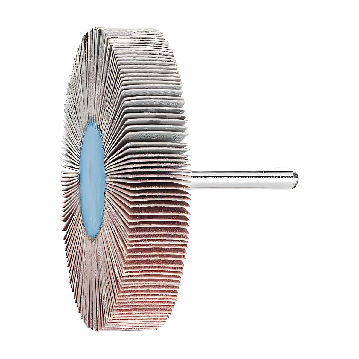 Pferd fan grinder 80 x 15 mm, aluminium oxide flap wheel with maroon and grey flaps on a silver shank, product view 1 of 3, face-on, hub centred left